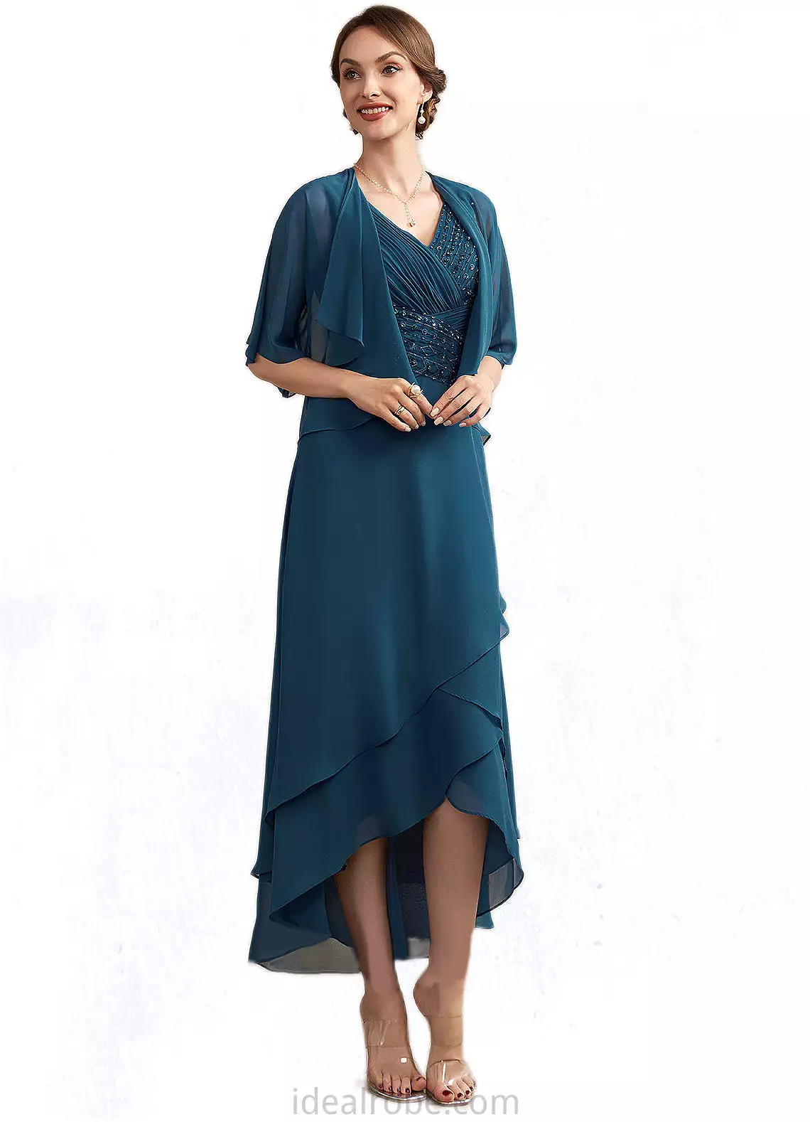 Grace A-Line V-neck Asymmetrical Chiffon Mother of the Bride Dress With Ruffle Beading Sequins STK126P0014671