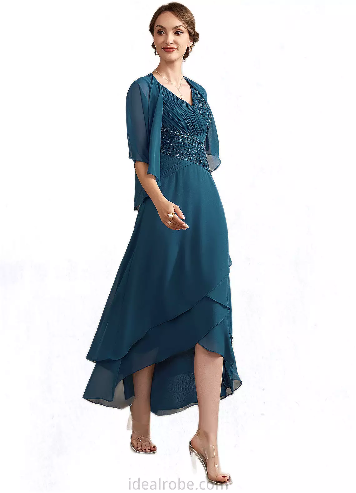 Grace A-Line V-neck Asymmetrical Chiffon Mother of the Bride Dress With Ruffle Beading Sequins STK126P0014671