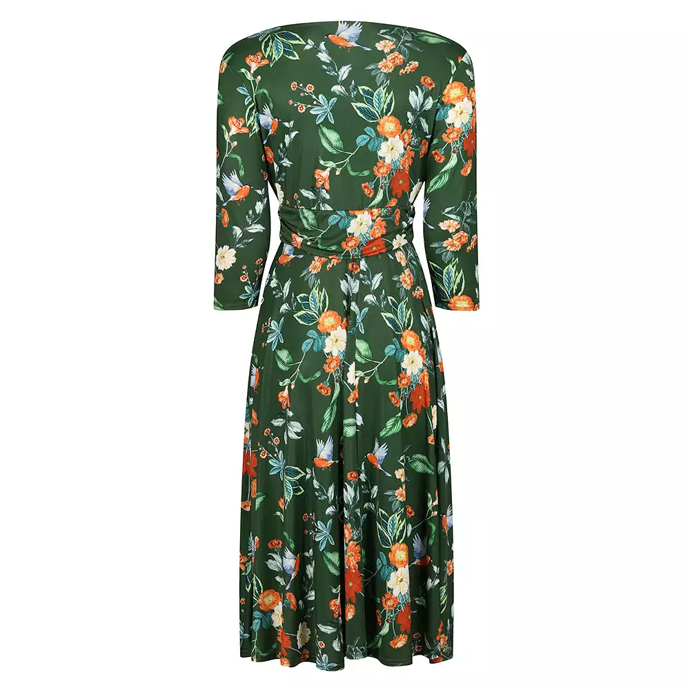 Green Floral & Bird Print 3/4 Sleeve Deep V Neck Wrap Top Tea Dress with Empire Waist