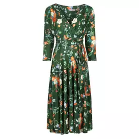 Green Floral & Bird Print 3/4 Sleeve Deep V Neck Wrap Top Tea Dress with Empire Waist