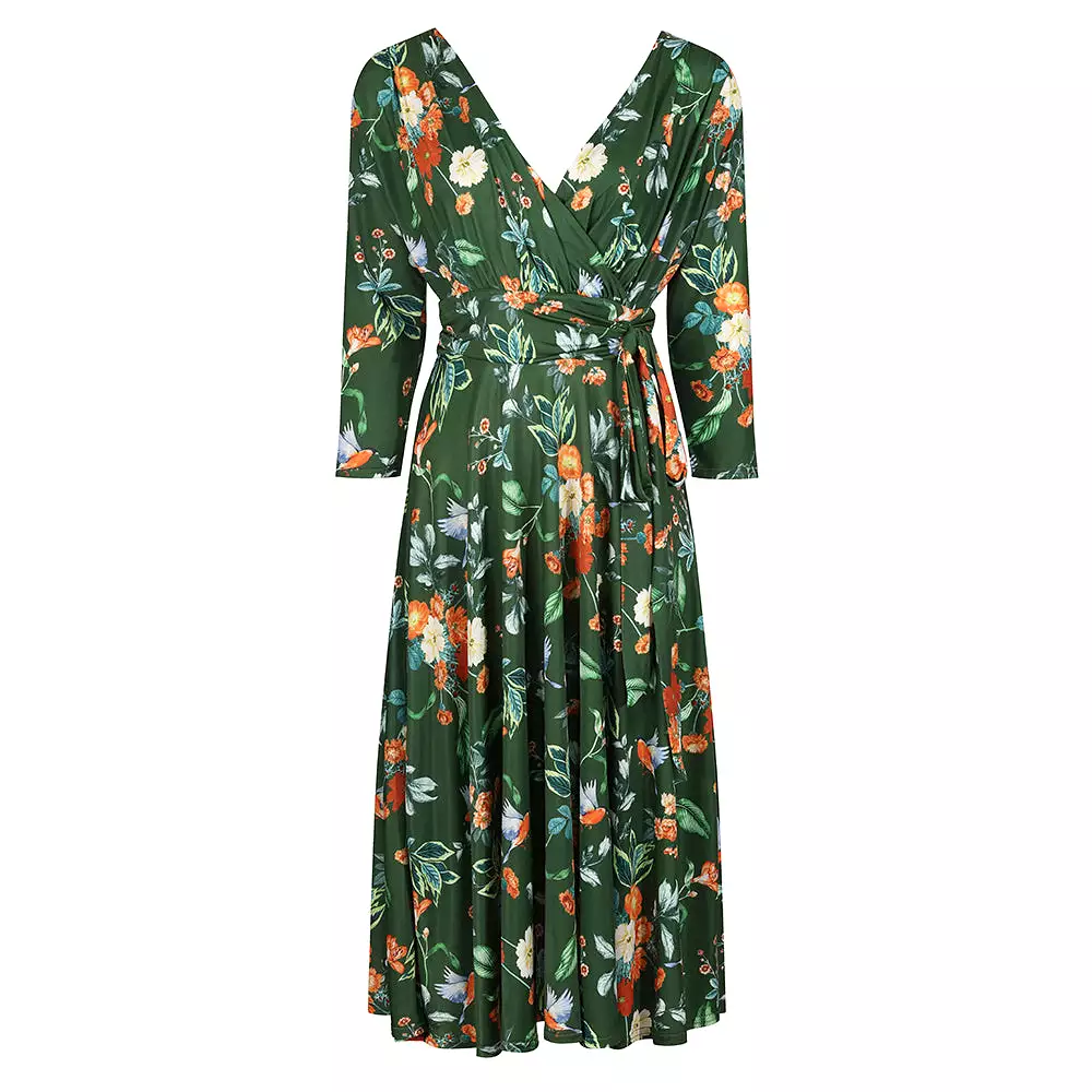 Green Floral & Bird Print 3/4 Sleeve Deep V Neck Wrap Top Tea Dress with Empire Waist