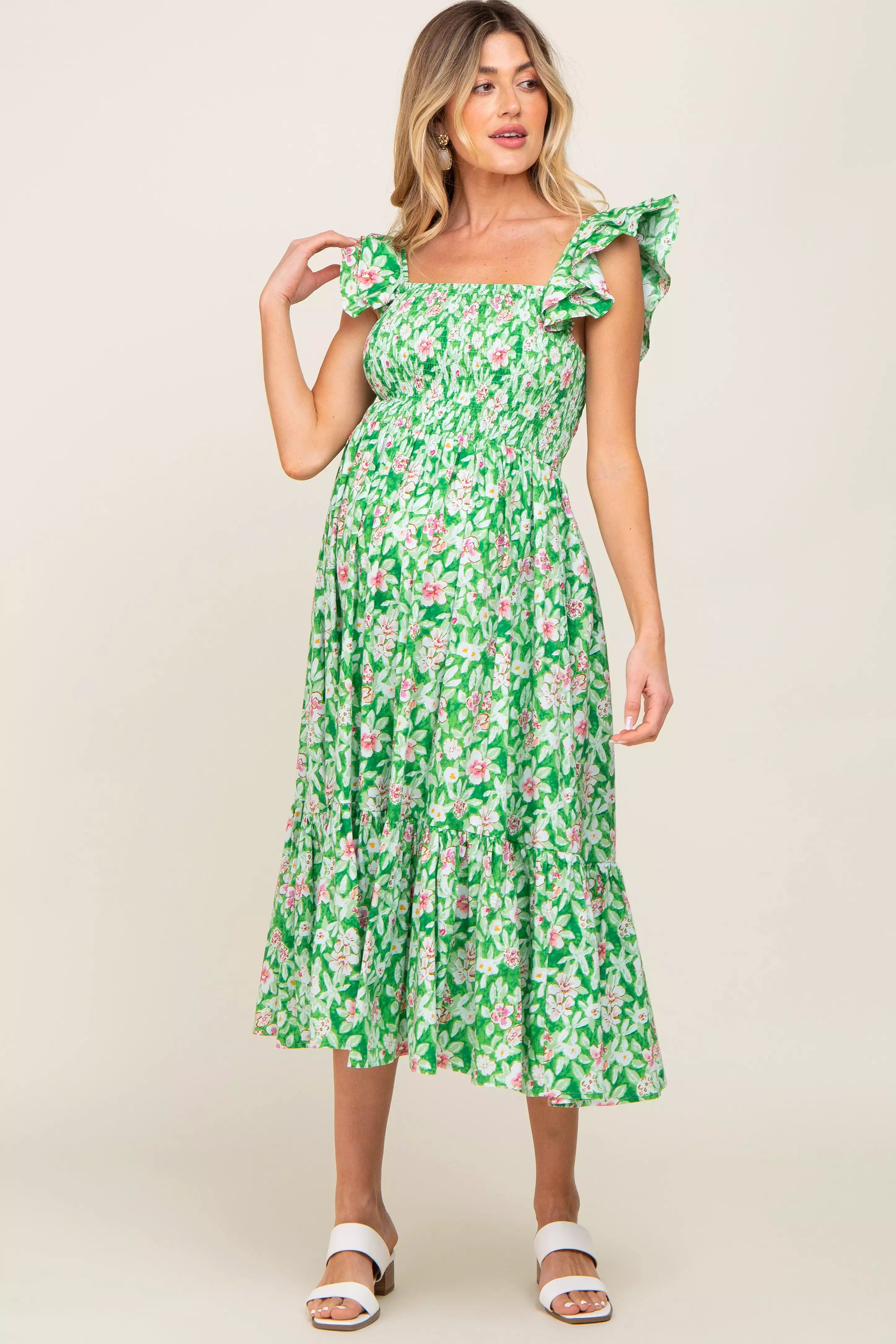 Green Floral Smocked Frill Sleeve Maternity Midi Dress