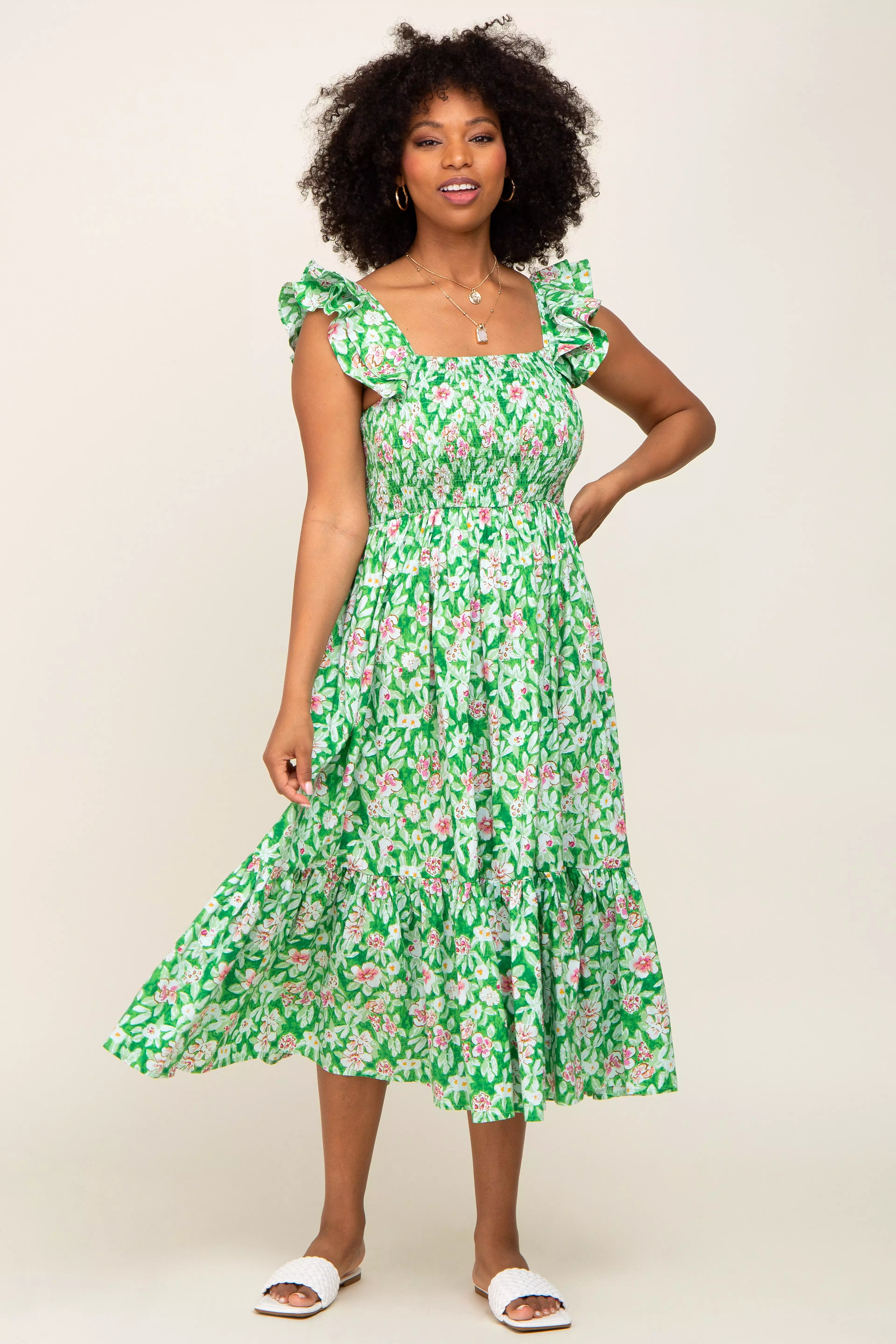 Green Floral Smocked Frill Sleeve Maternity Midi Dress