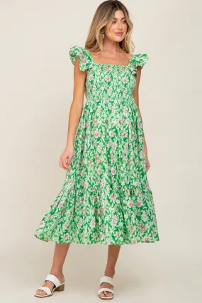 Green Floral Smocked Frill Sleeve Maternity Midi Dress