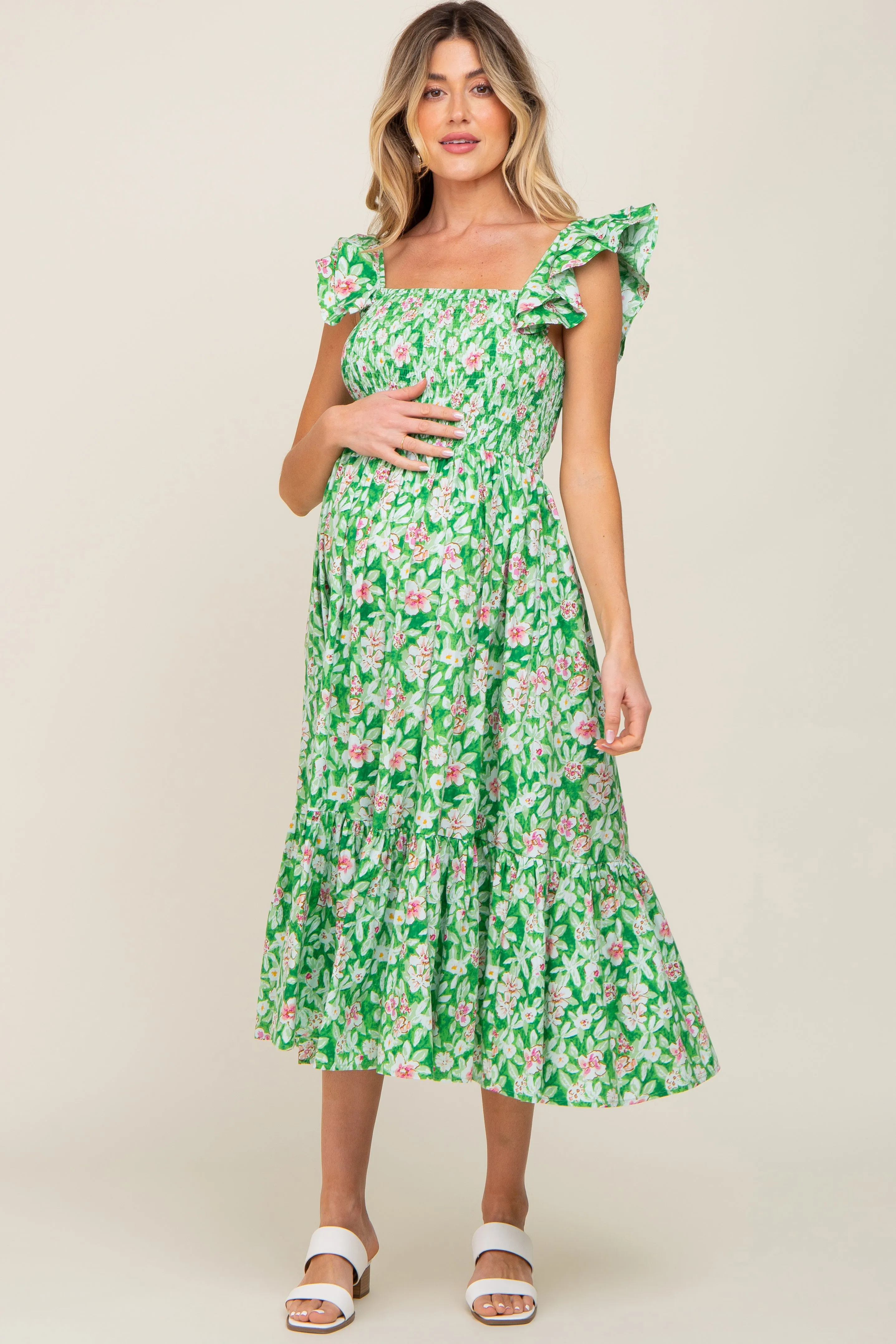 Green Floral Smocked Frill Sleeve Maternity Midi Dress