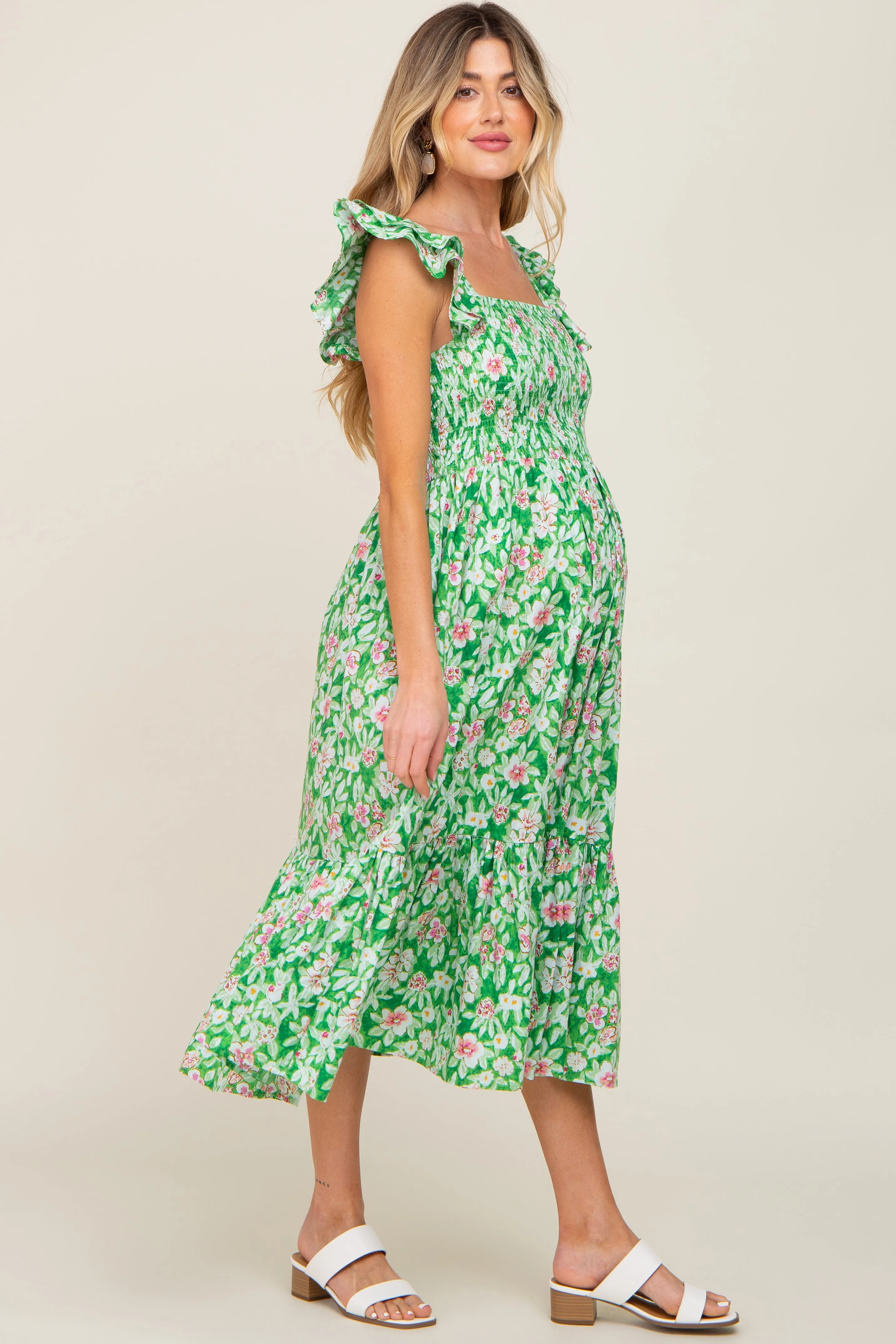 Green Floral Smocked Frill Sleeve Maternity Midi Dress