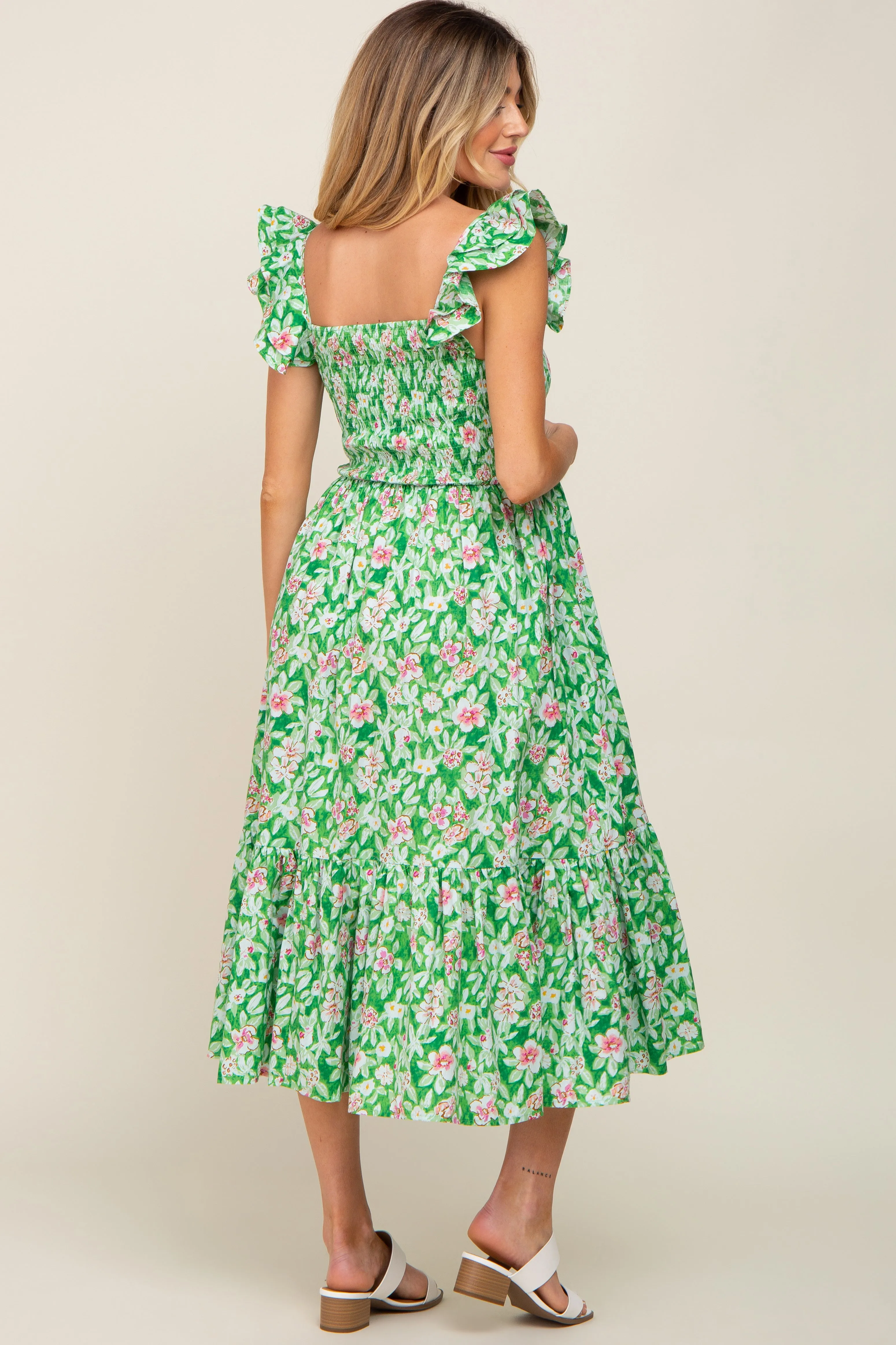 Green Floral Smocked Frill Sleeve Maternity Midi Dress