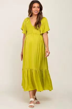 Green Satin Smocked Maternity Midi Dress