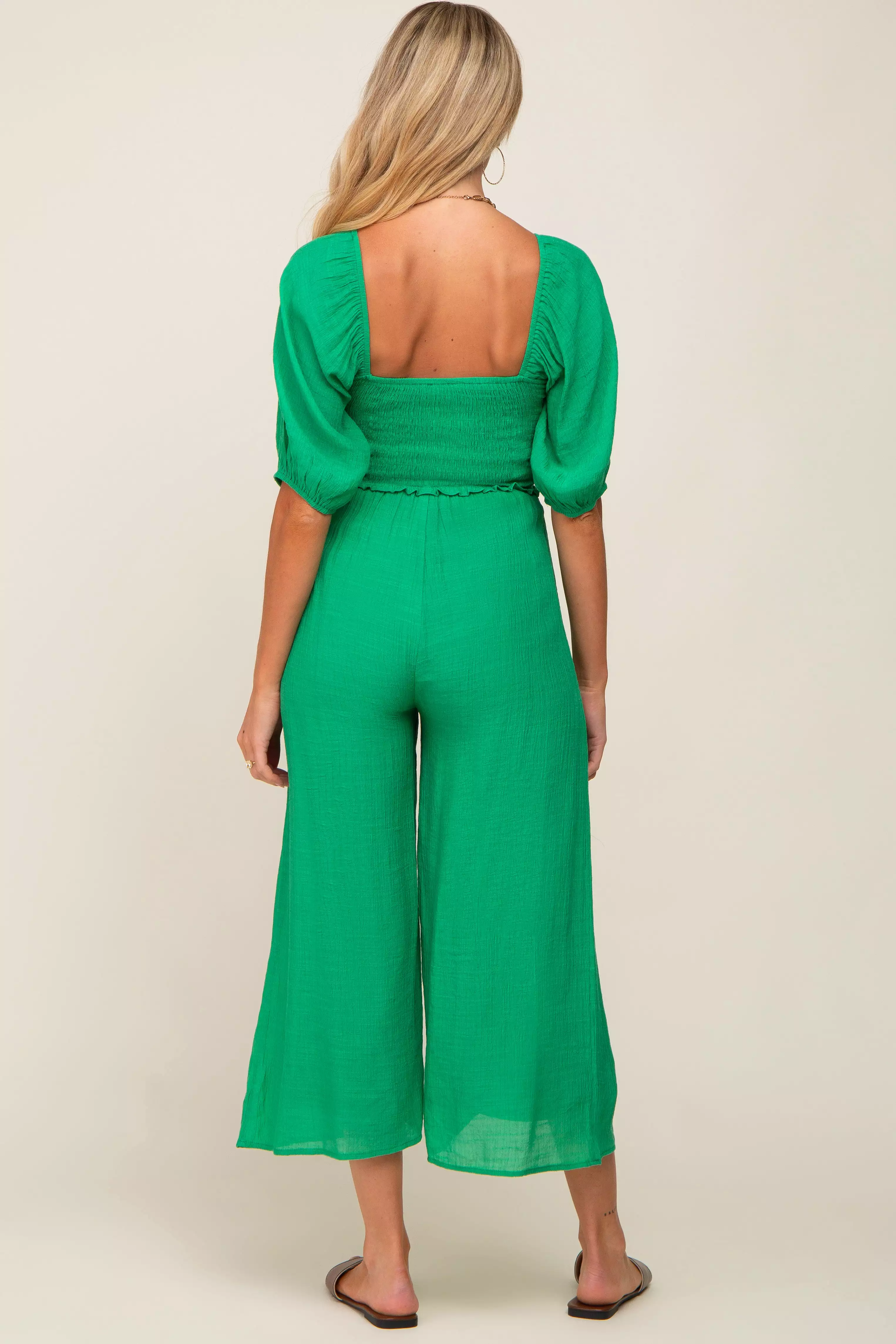 Green Smocked Drawstring Front Short Sleeve Maternity Jumpsuit