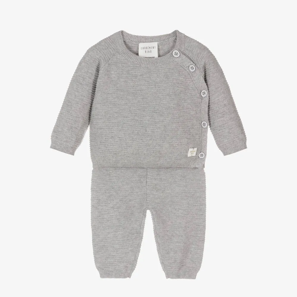 Grey Cotton & Wool Knit Baby Trouser Set