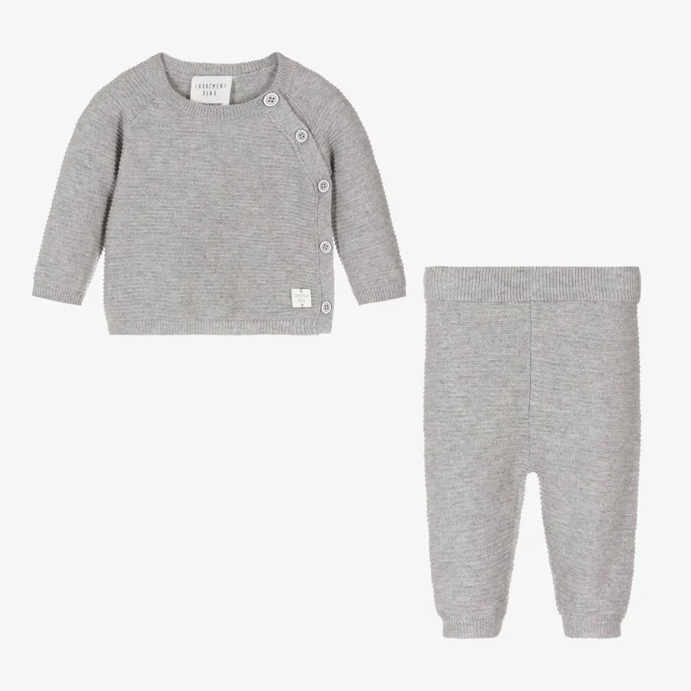 Grey Cotton & Wool Knit Baby Trouser Set