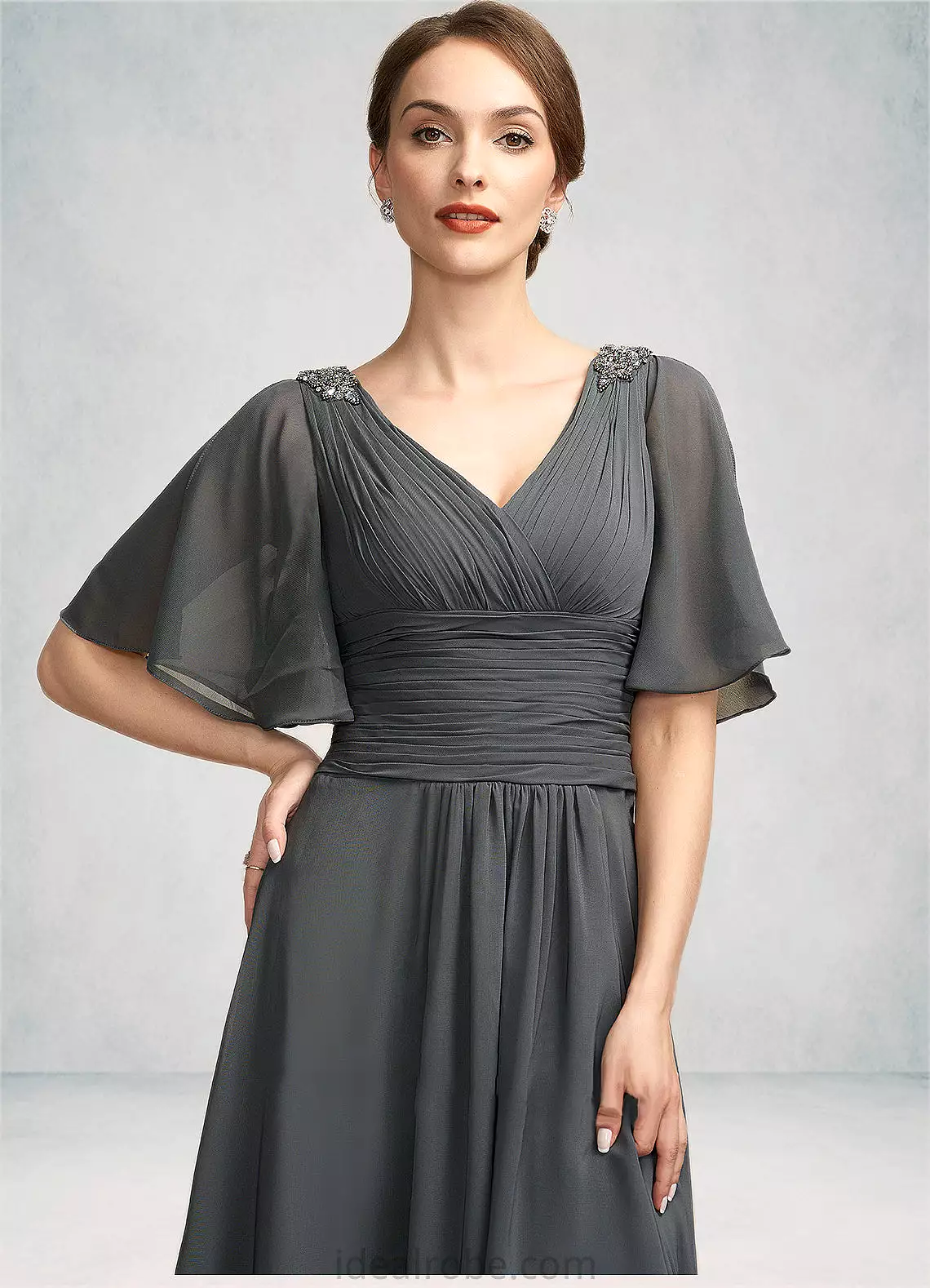 Hallie A-Line V-neck Asymmetrical Chiffon Mother of the Bride Dress With Ruffle Beading STK126P0014744