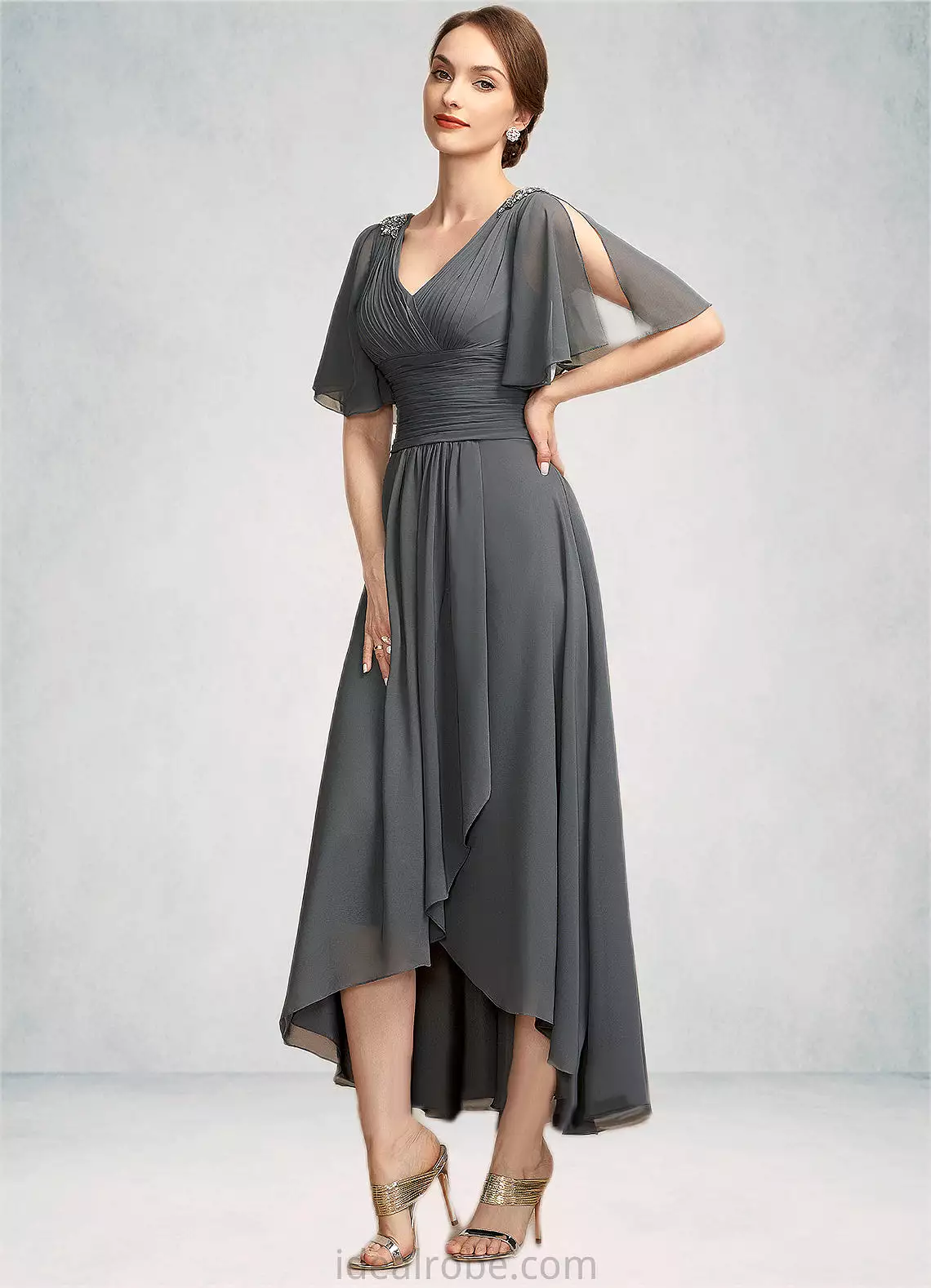 Hallie A-Line V-neck Asymmetrical Chiffon Mother of the Bride Dress With Ruffle Beading STK126P0014744