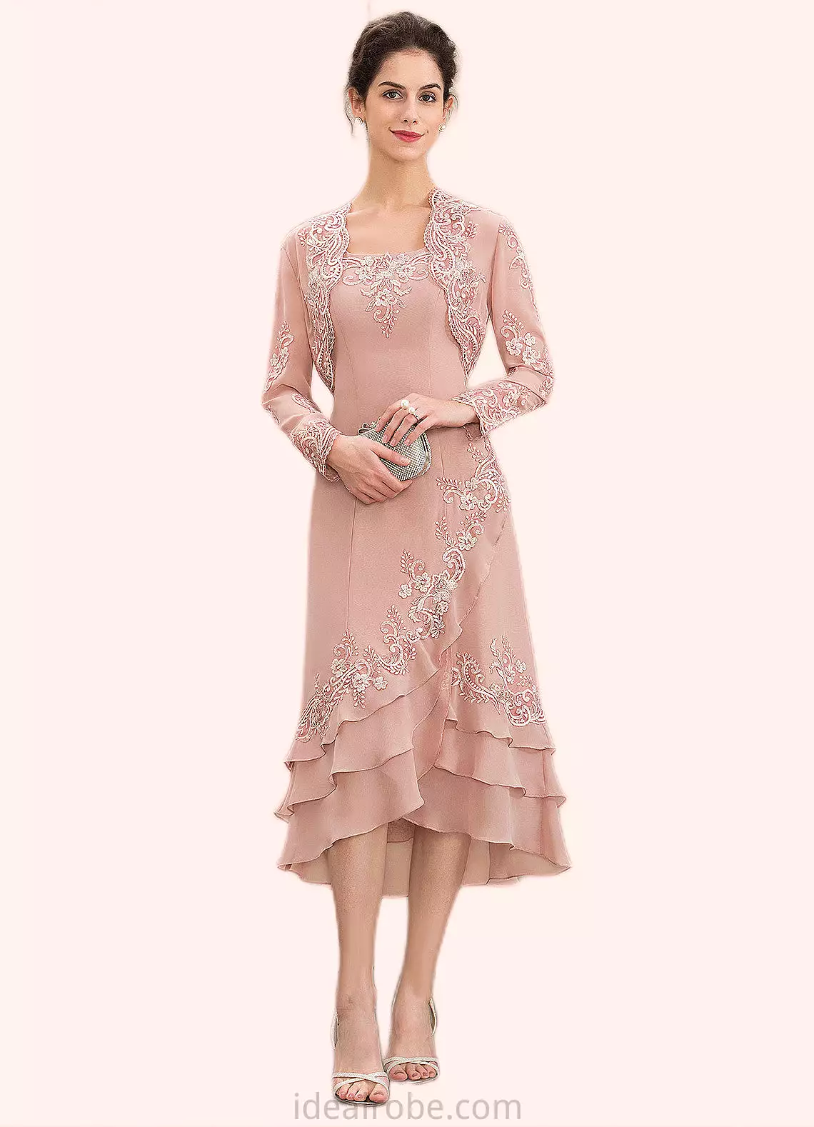 Hannah A-Line Square Neckline Asymmetrical Chiffon Mother of the Bride Dress With Appliques Lace Cascading Ruffles STK126P001497