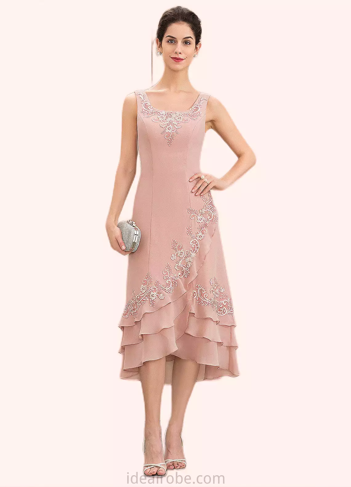 Hannah A-Line Square Neckline Asymmetrical Chiffon Mother of the Bride Dress With Appliques Lace Cascading Ruffles STK126P001497