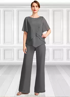 Jacquelyn Jumpsuit/Pantsuit Separates Scoop Floor-Length Chiffon Mother of the Bride Dress With Beading STKP0021783