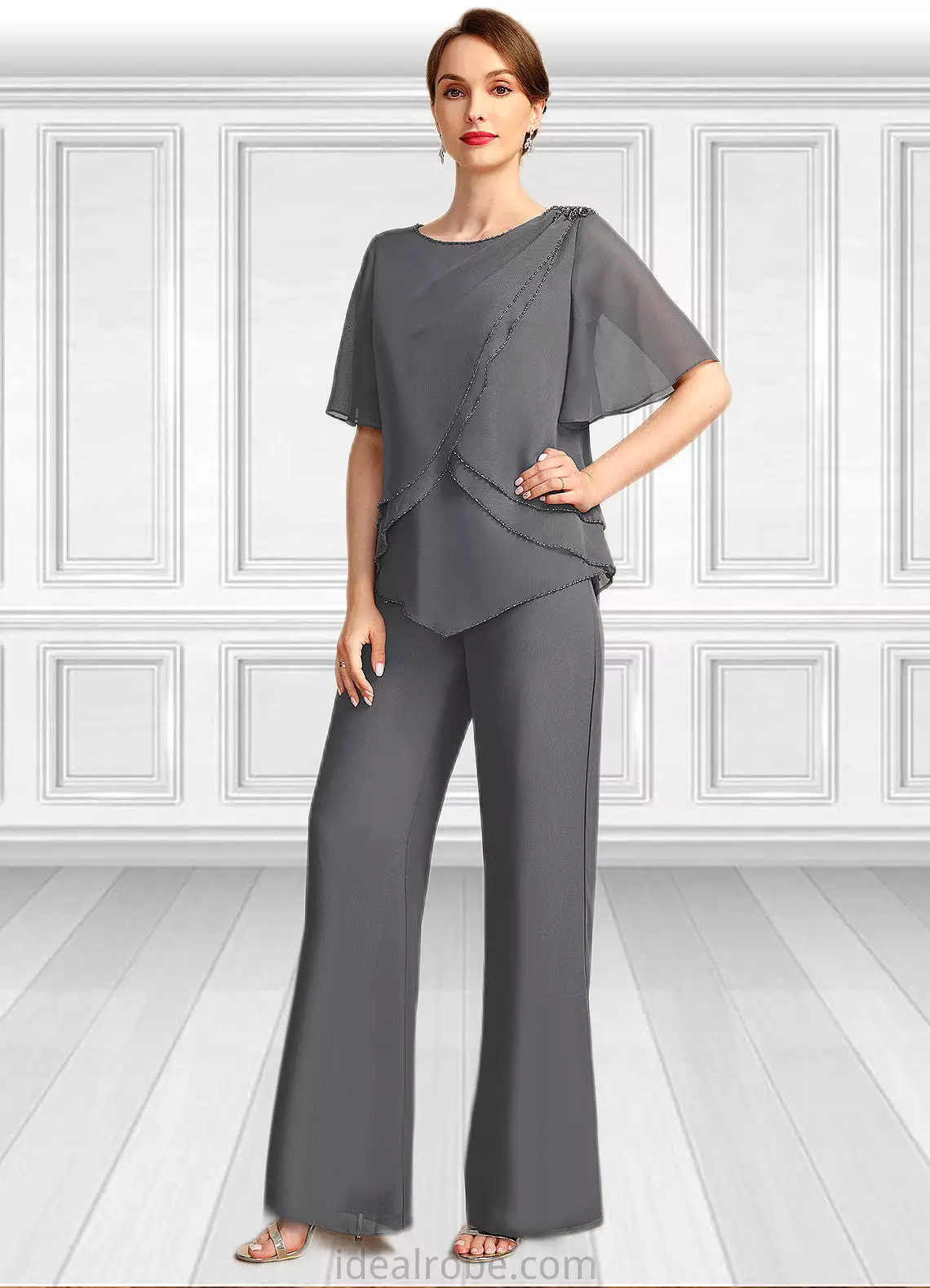 Jacquelyn Jumpsuit/Pantsuit Separates Scoop Floor-Length Chiffon Mother of the Bride Dress With Beading STKP0021783