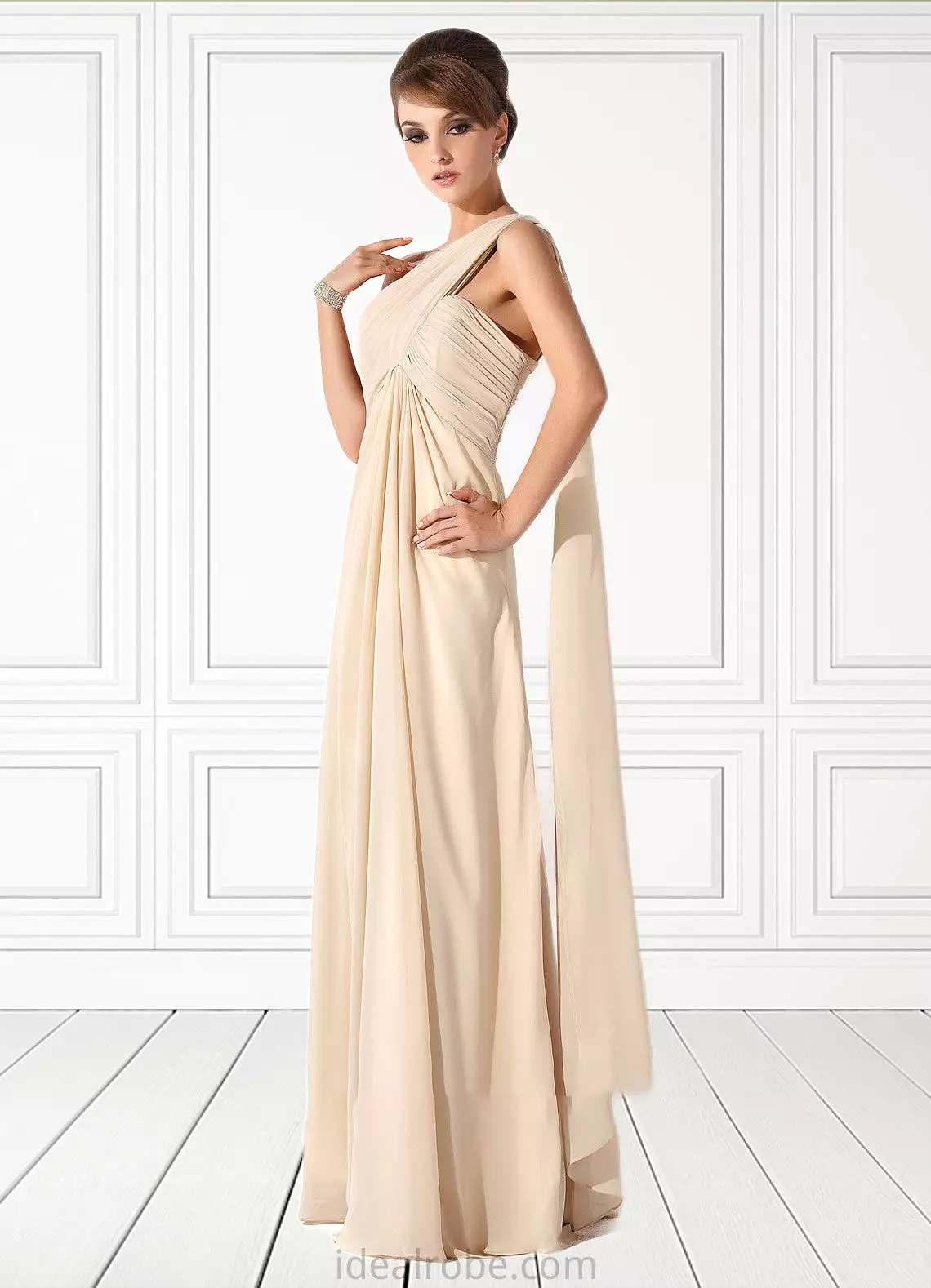 Jadyn Empire One-Shoulder Floor-Length Chiffon Mother of the Bride Dress With Ruffle STK126P0014777