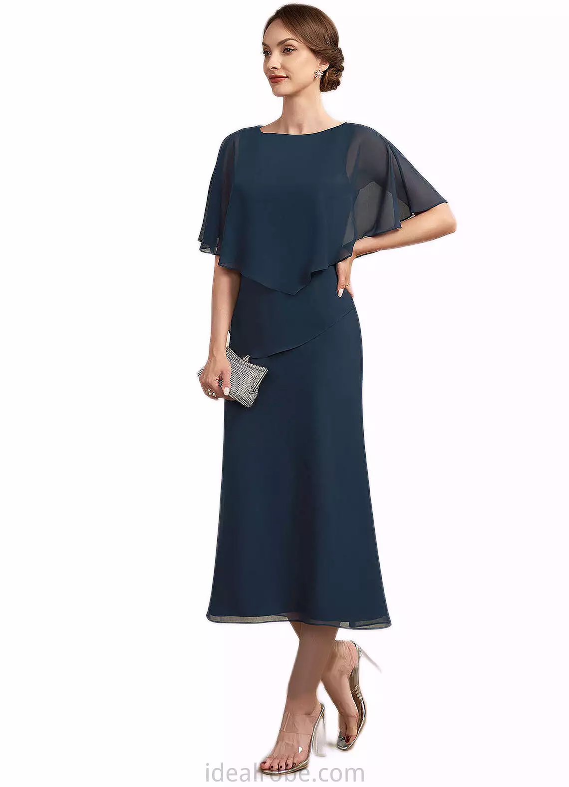 Jaelyn Sheath/Column Scoop Neck Tea-Length Chiffon Mother of the Bride Dress STK126P0014646