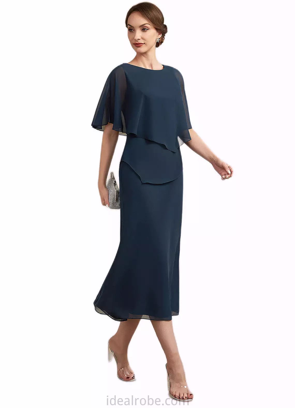 Jaelyn Sheath/Column Scoop Neck Tea-Length Chiffon Mother of the Bride Dress STK126P0014646