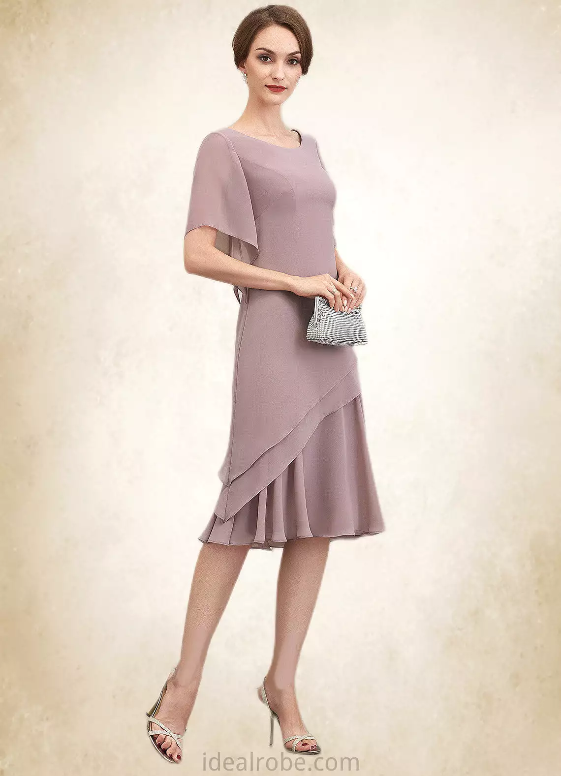 Janae A-Line Scoop Neck Knee-Length Chiffon Mother of the Bride Dress With Cascading Ruffles STK126P0014755