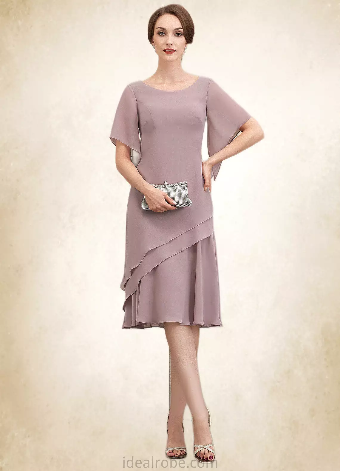 Janae A-Line Scoop Neck Knee-Length Chiffon Mother of the Bride Dress With Cascading Ruffles STK126P0014755