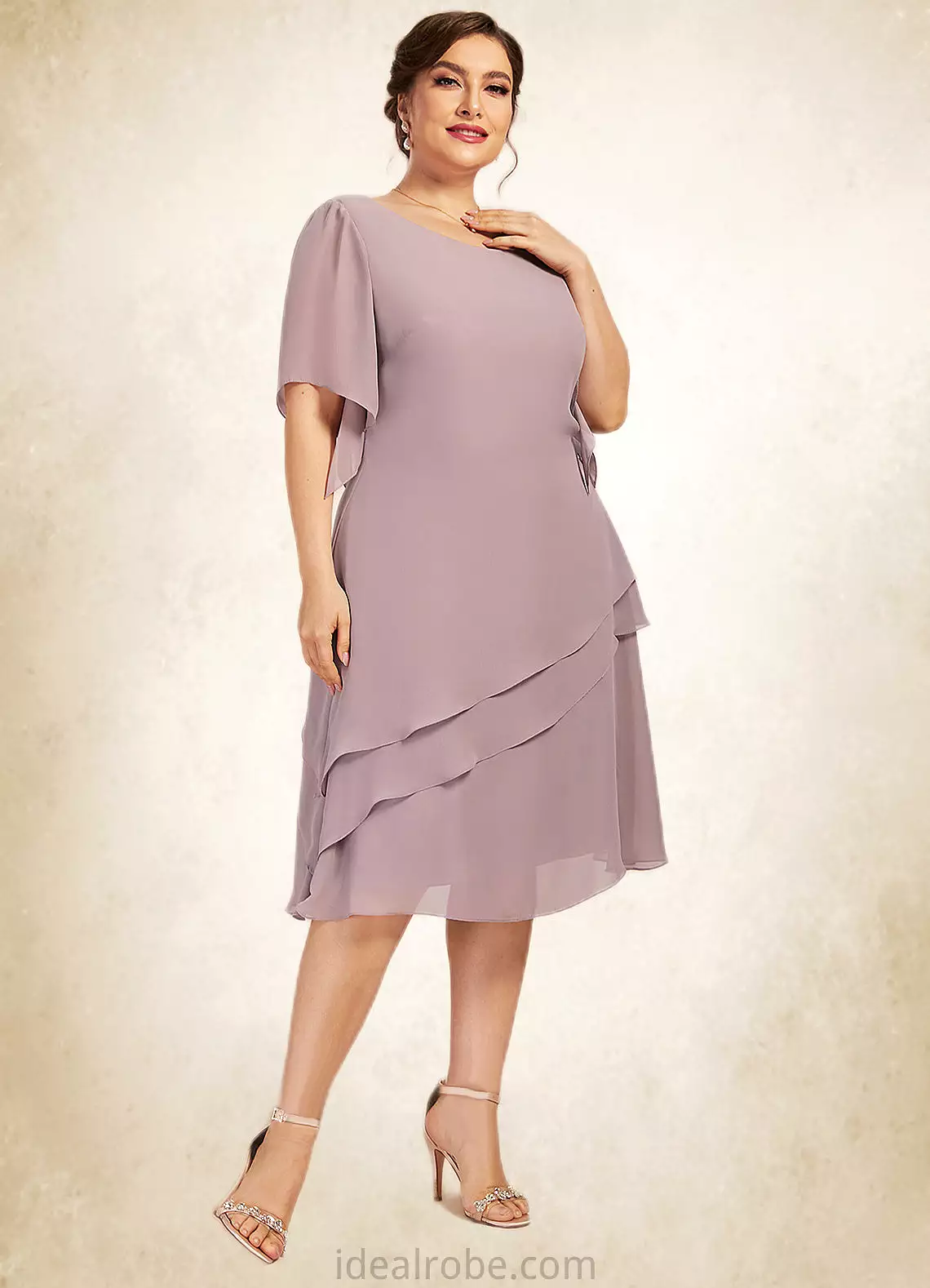 Janae A-Line Scoop Neck Knee-Length Chiffon Mother of the Bride Dress With Cascading Ruffles STK126P0014755