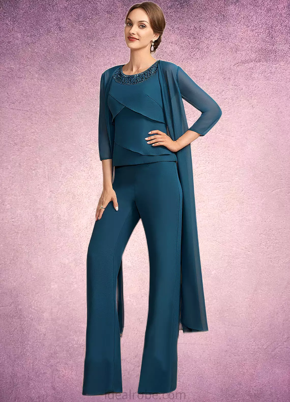 Janae Jumpsuit/Pantsuit Scoop Neck Floor-Length Chiffon Mother of the Bride Dress With Beading Cascading Ruffles STK126P0014956