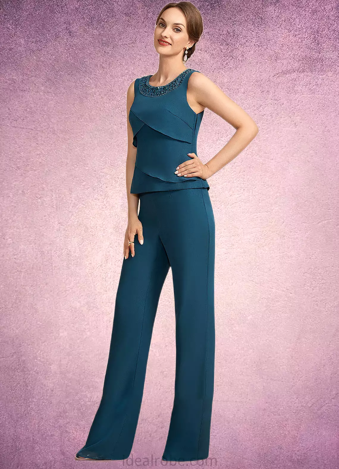 Janae Jumpsuit/Pantsuit Scoop Neck Floor-Length Chiffon Mother of the Bride Dress With Beading Cascading Ruffles STK126P0014956