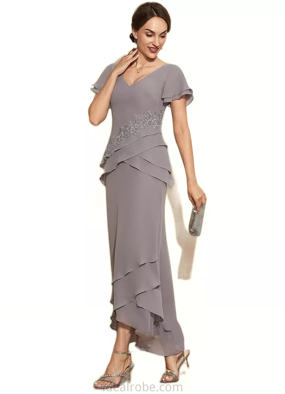 Janelle Sheath/Column V-neck Asymmetrical Chiffon Mother of the Bride Dress With Appliques Lace Cascading Ruffles STK126P0014617