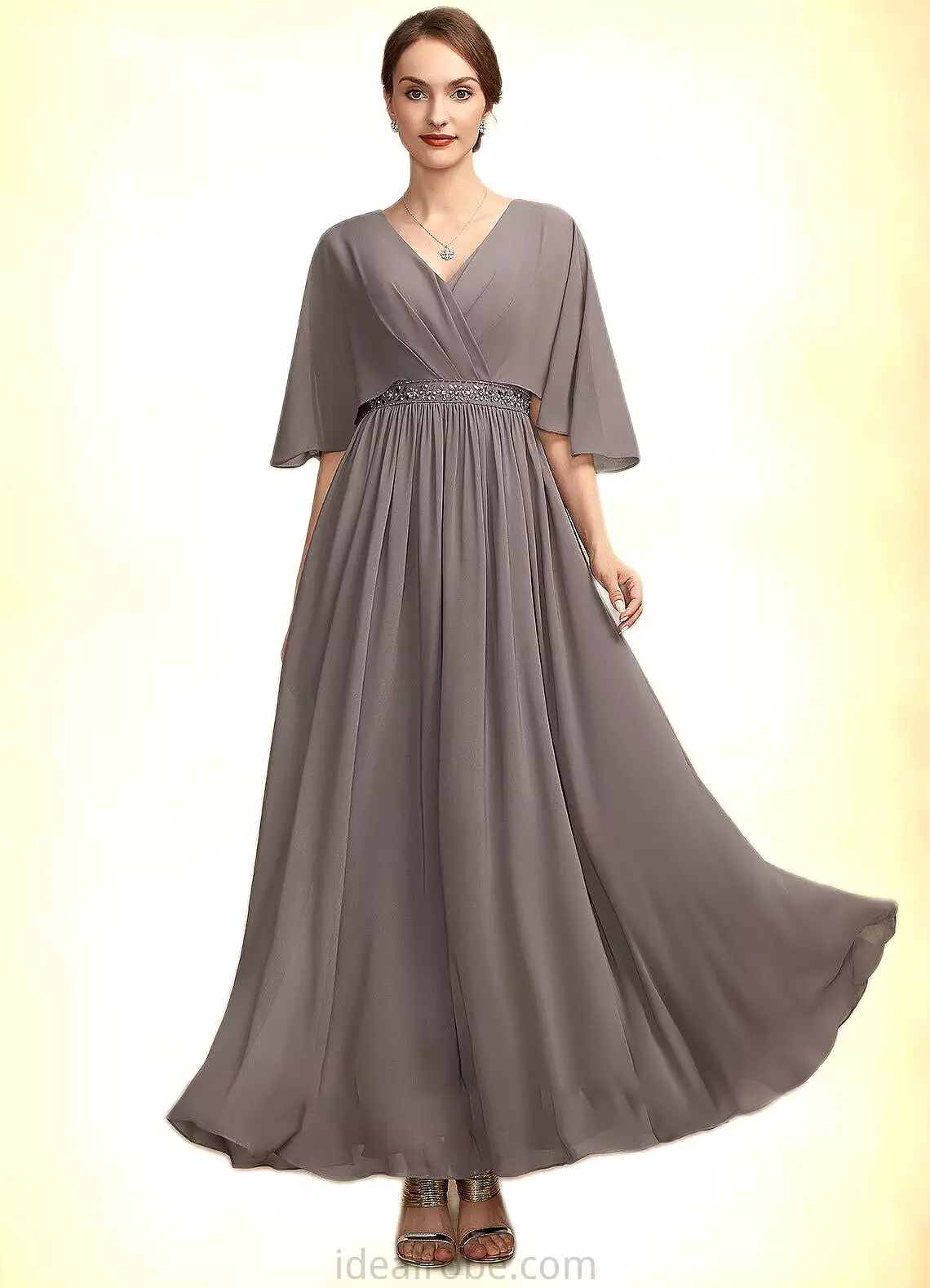 Janessa A-Line V-neck Ankle-Length Chiffon Mother of the Bride Dress With Ruffle Beading STK126P0014723