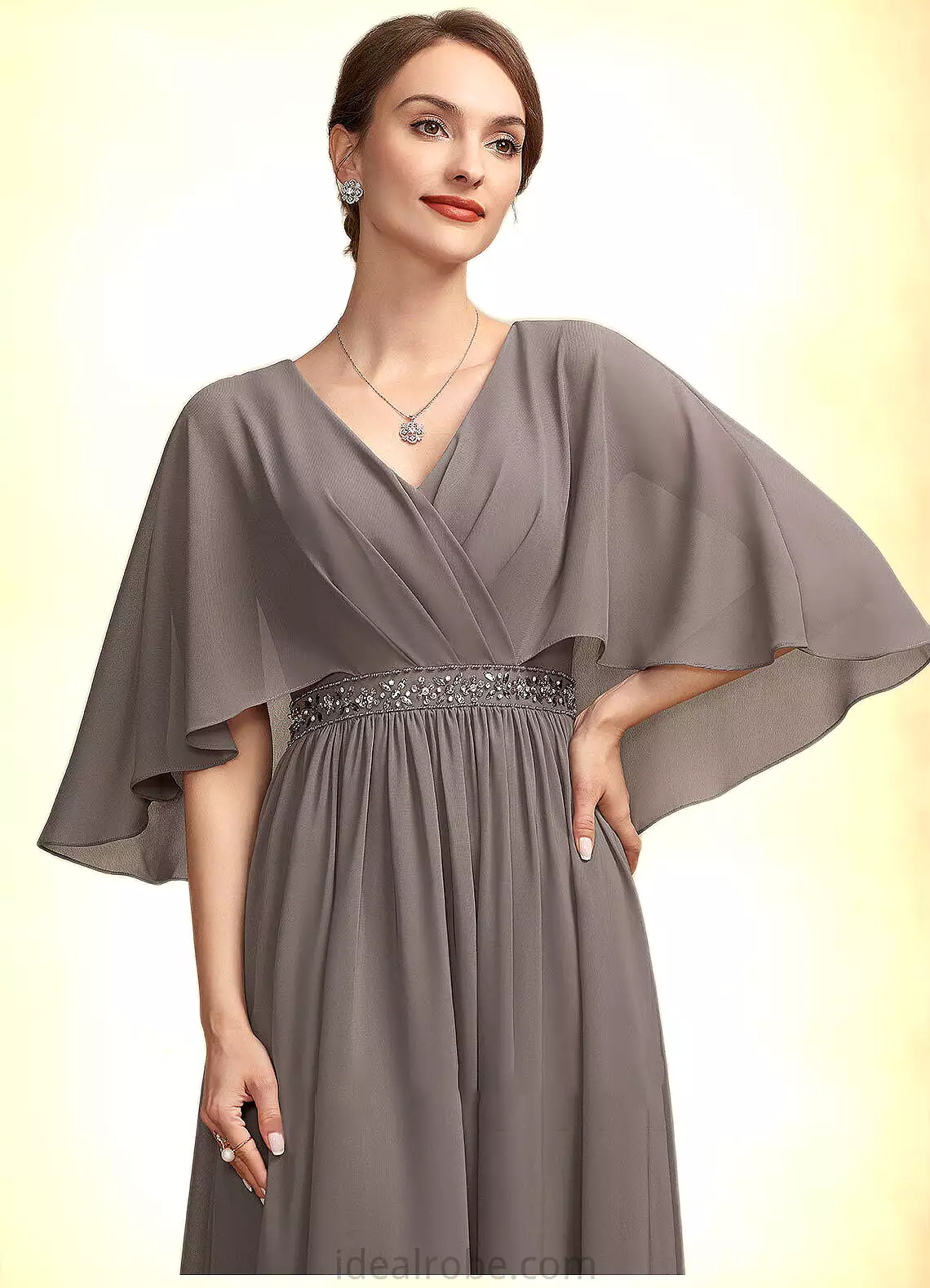 Janessa A-Line V-neck Ankle-Length Chiffon Mother of the Bride Dress With Ruffle Beading STK126P0014723