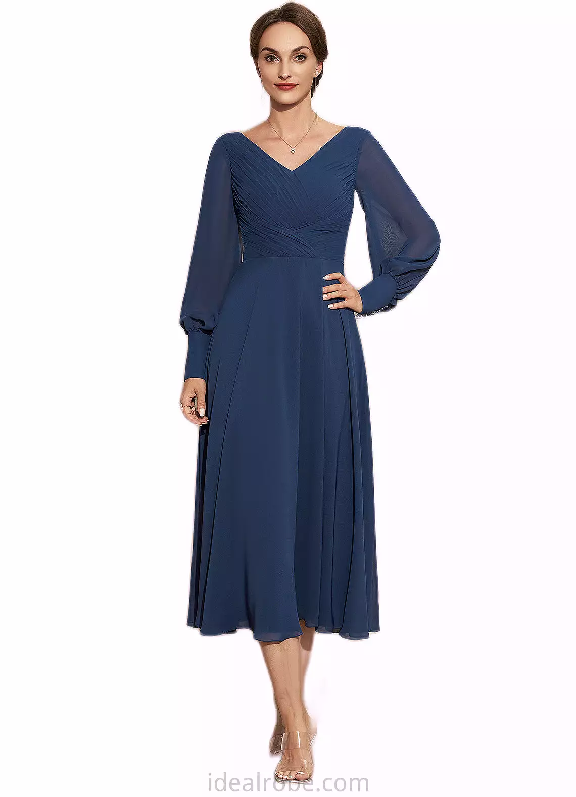 Kaylah A-Line V-neck Tea-Length Chiffon Mother of the Bride Dress With Ruffle STK126P0014669