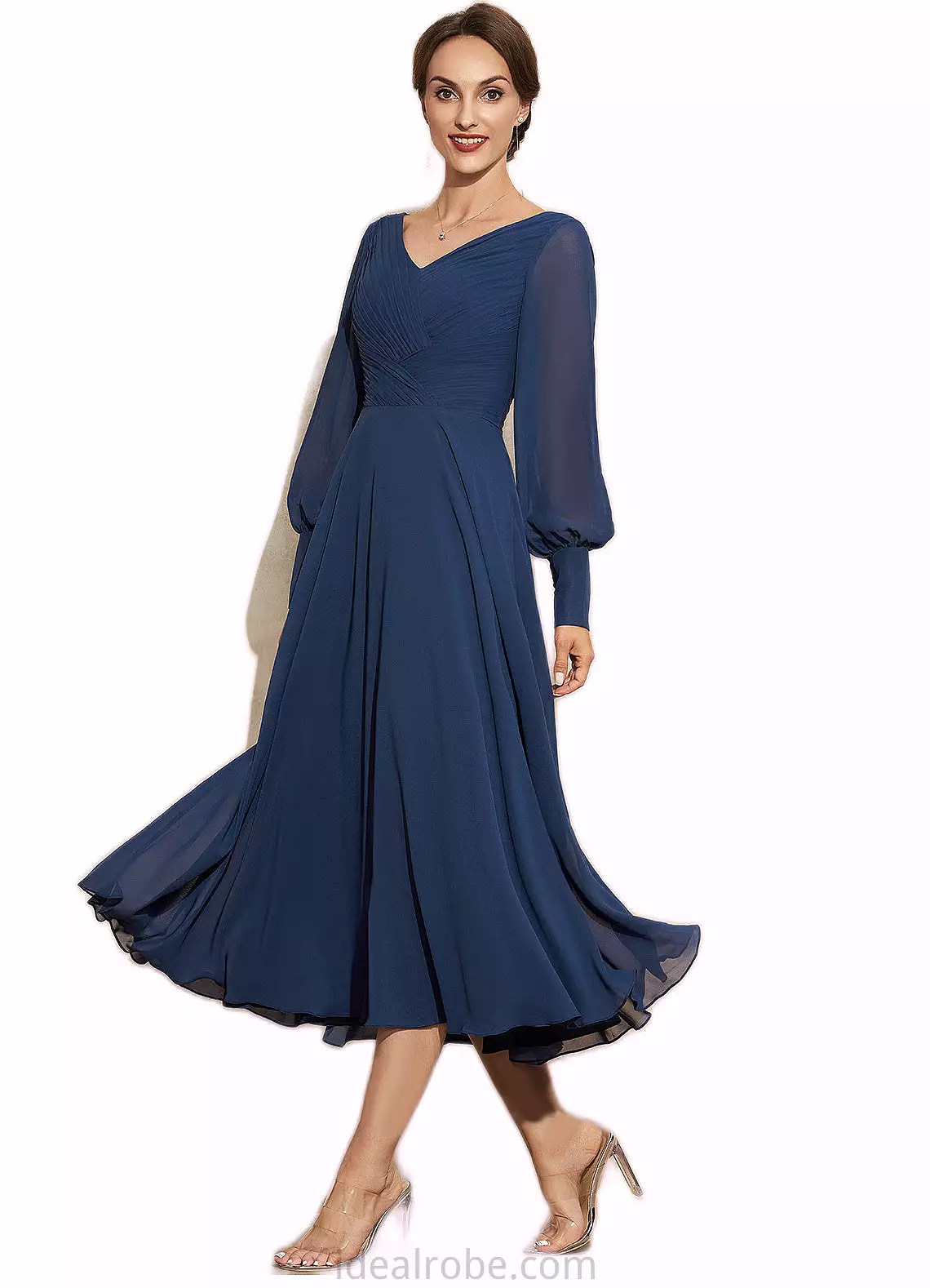 Kaylah A-Line V-neck Tea-Length Chiffon Mother of the Bride Dress With Ruffle STK126P0014669