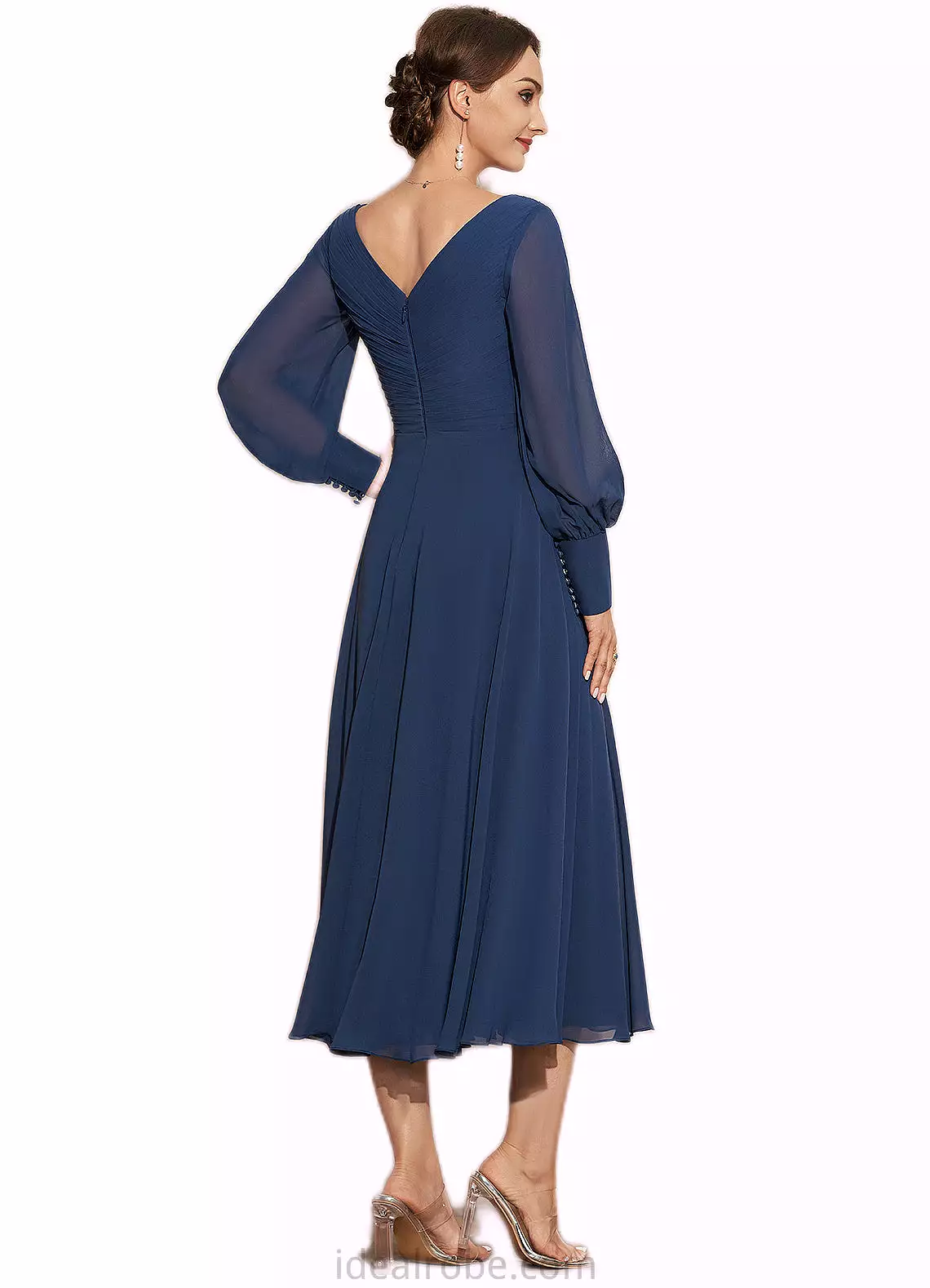 Kaylah A-Line V-neck Tea-Length Chiffon Mother of the Bride Dress With Ruffle STK126P0014669