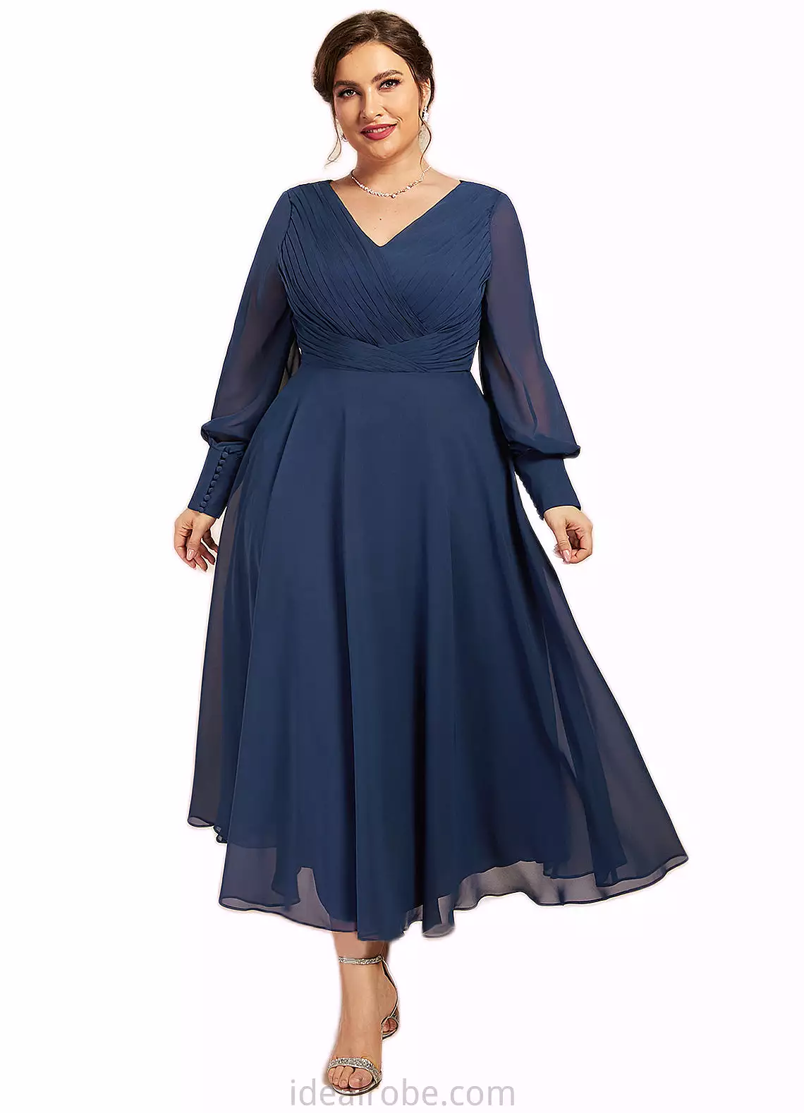 Kaylah A-Line V-neck Tea-Length Chiffon Mother of the Bride Dress With Ruffle STK126P0014669