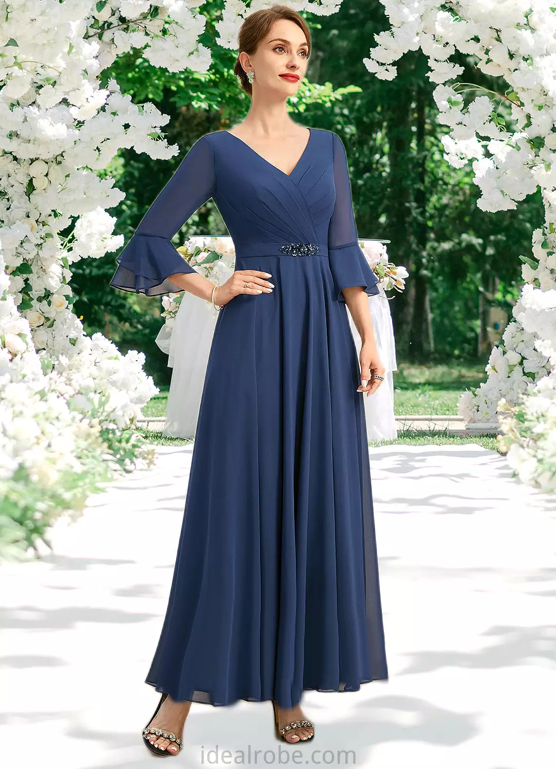 Kimberly A-line V-Neck Ankle-Length Chiffon Mother of the Bride Dress With Beading Pleated Sequins STKP0021745