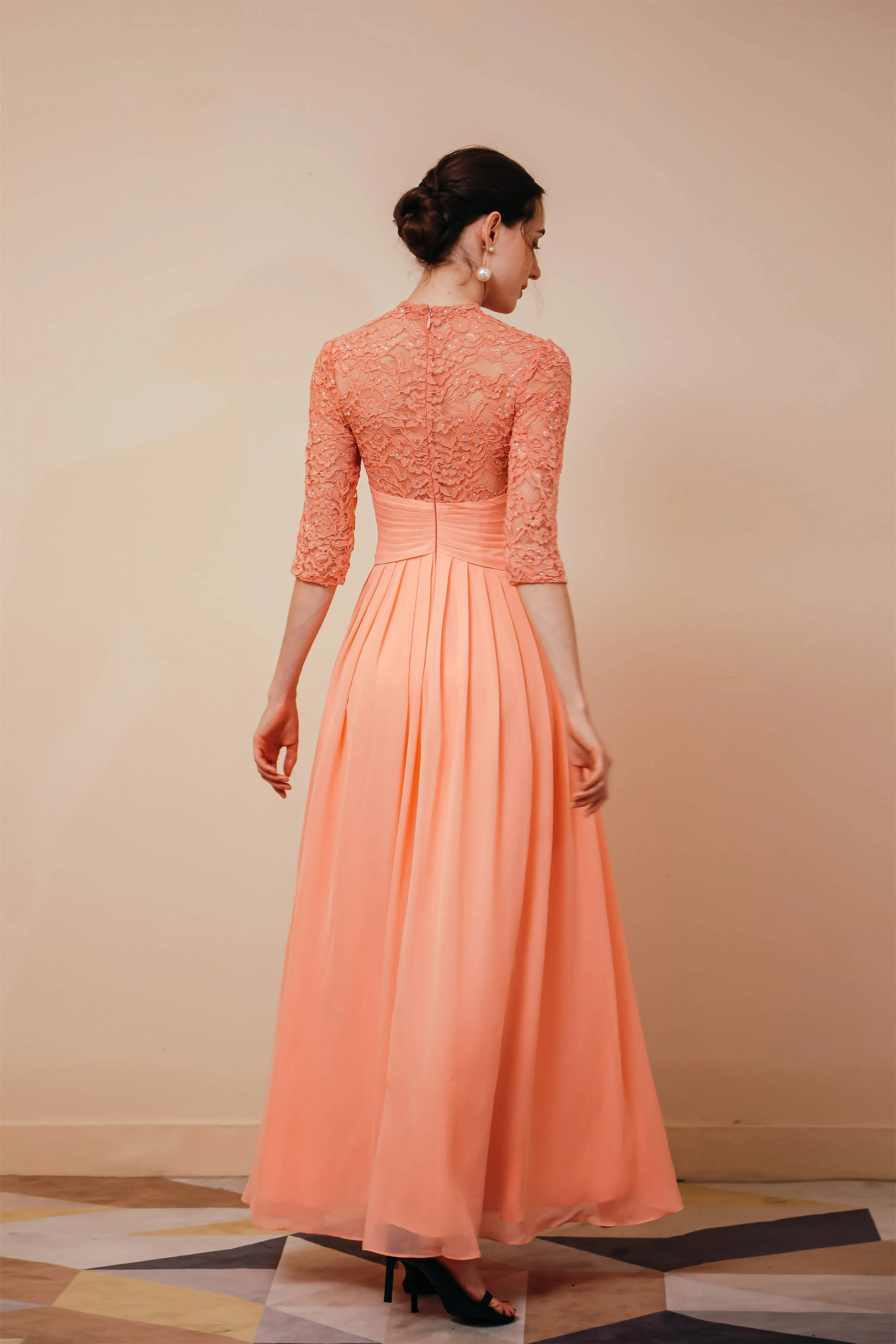 Lace Chiffon Long Zipper Back Mother of the Bride Dresses With Sleeves