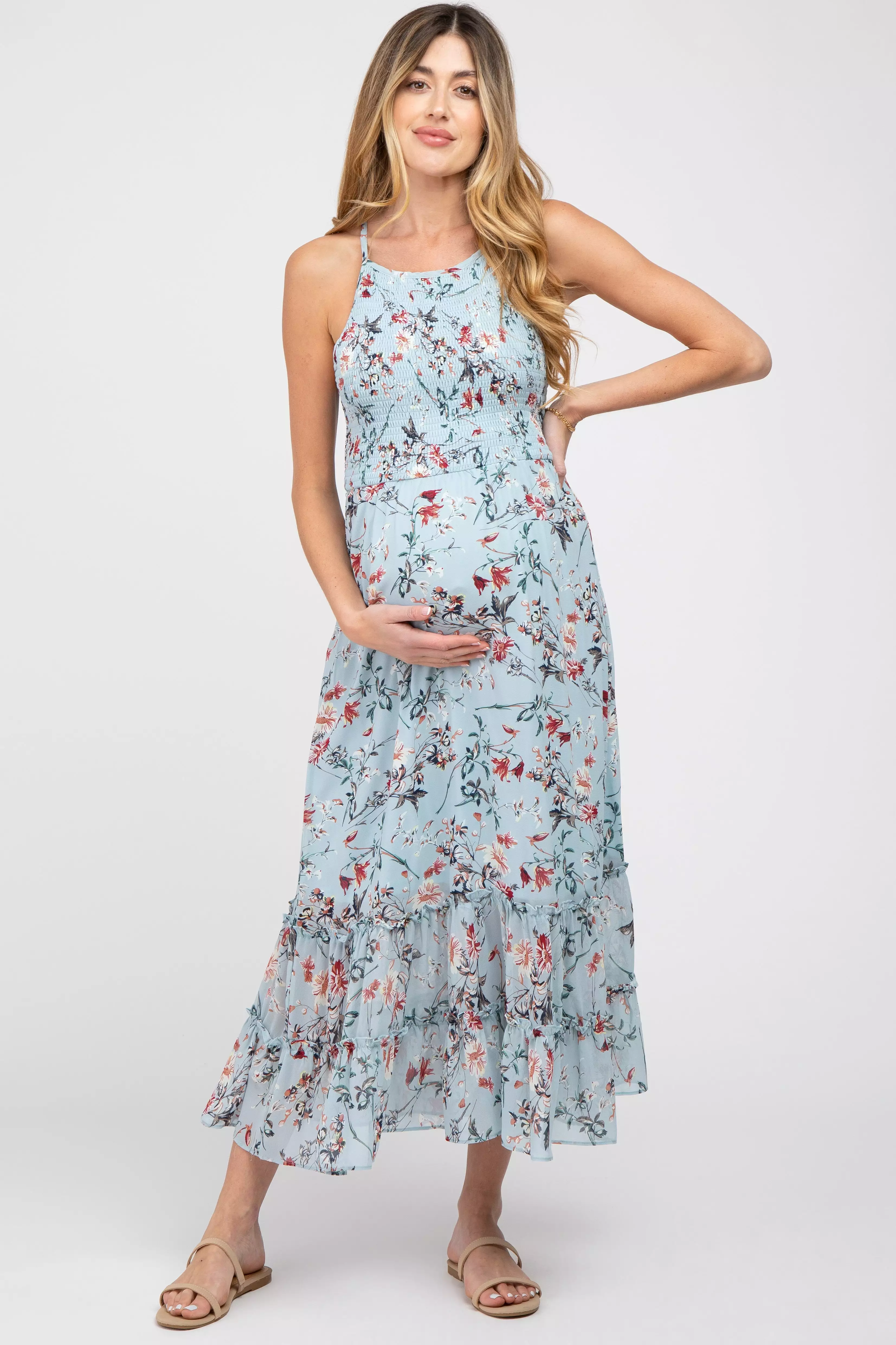 Light Blue Floral Chiffon Smocked Maternity Midi Dress