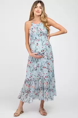 Light Blue Floral Chiffon Smocked Maternity Midi Dress