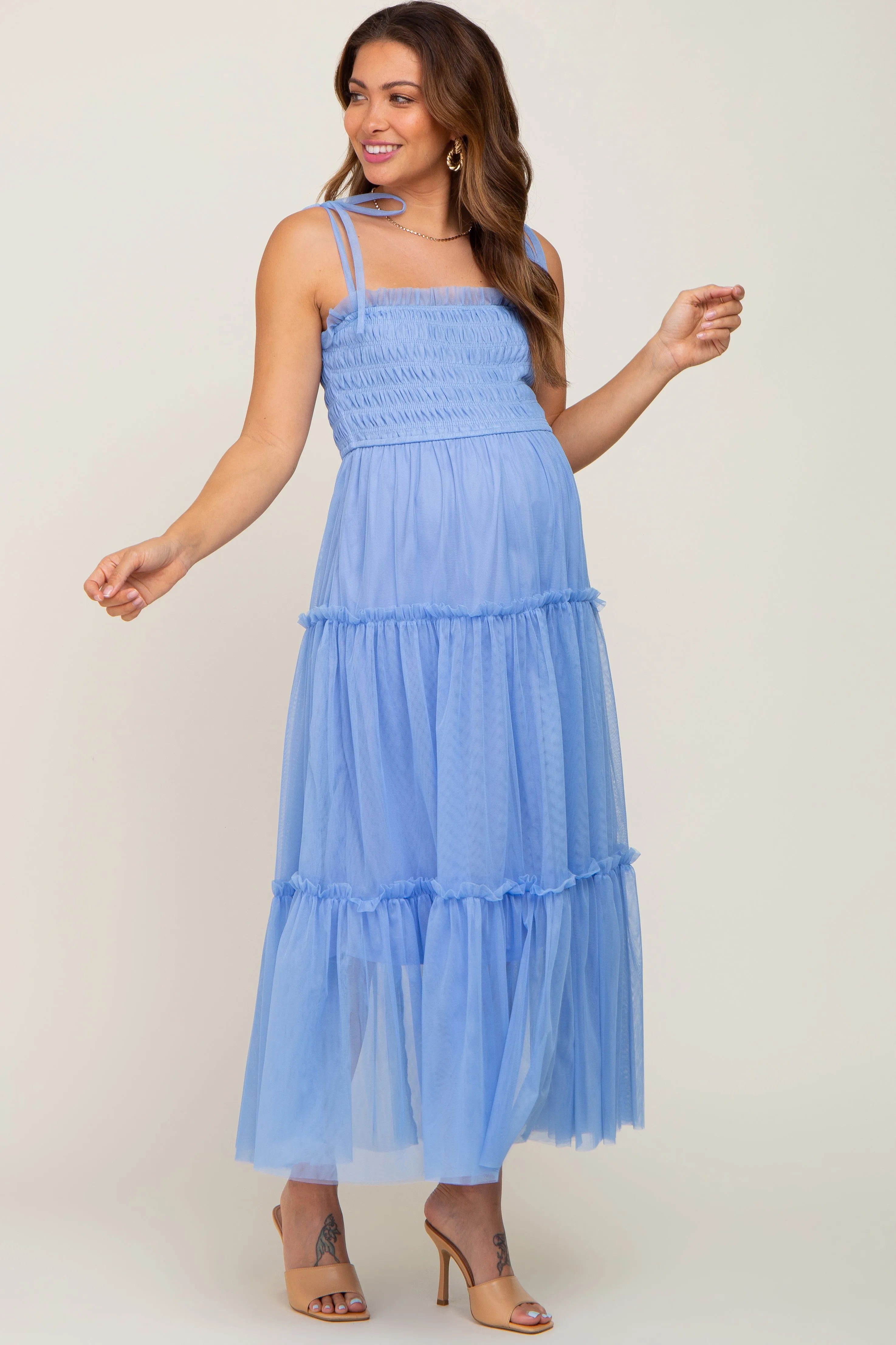 Light Blue Smocked Mesh Maternity Midi Dress