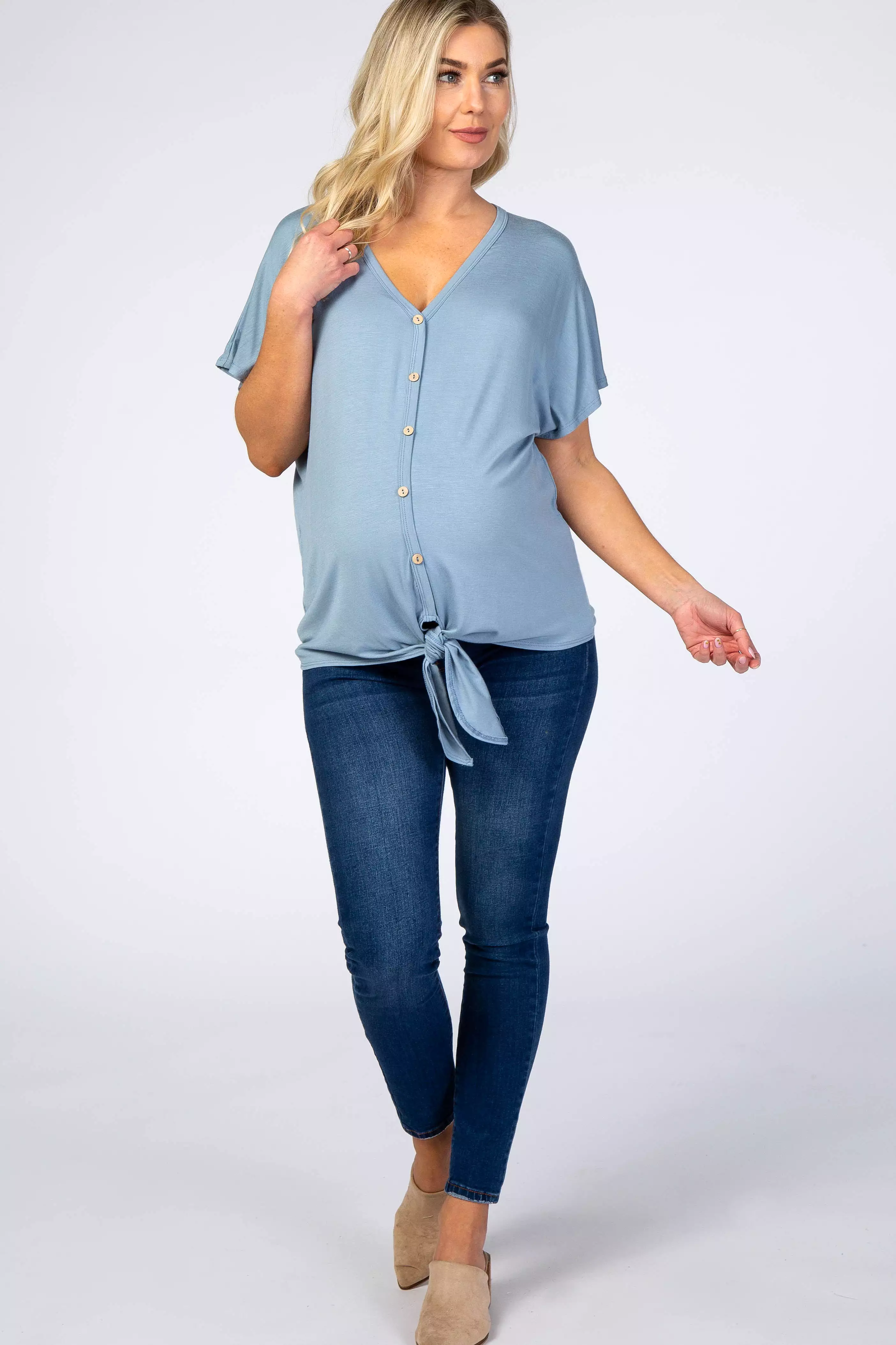 Light Blue Tie Front Short Sleeve Maternity Top