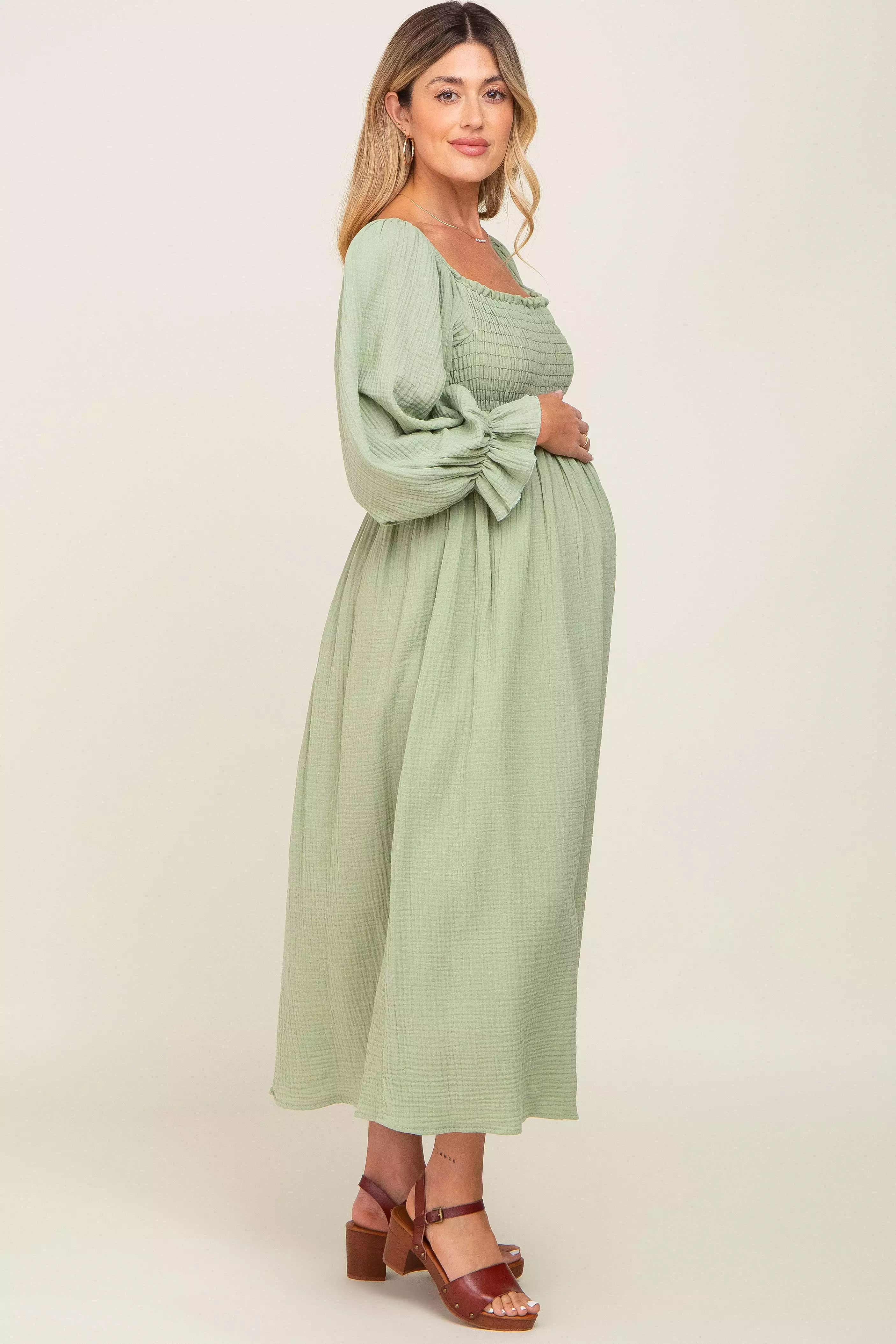 Light Green Gauze Smocked Maternity Midi Dress