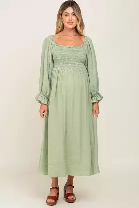 Light Green Gauze Smocked Maternity Midi Dress