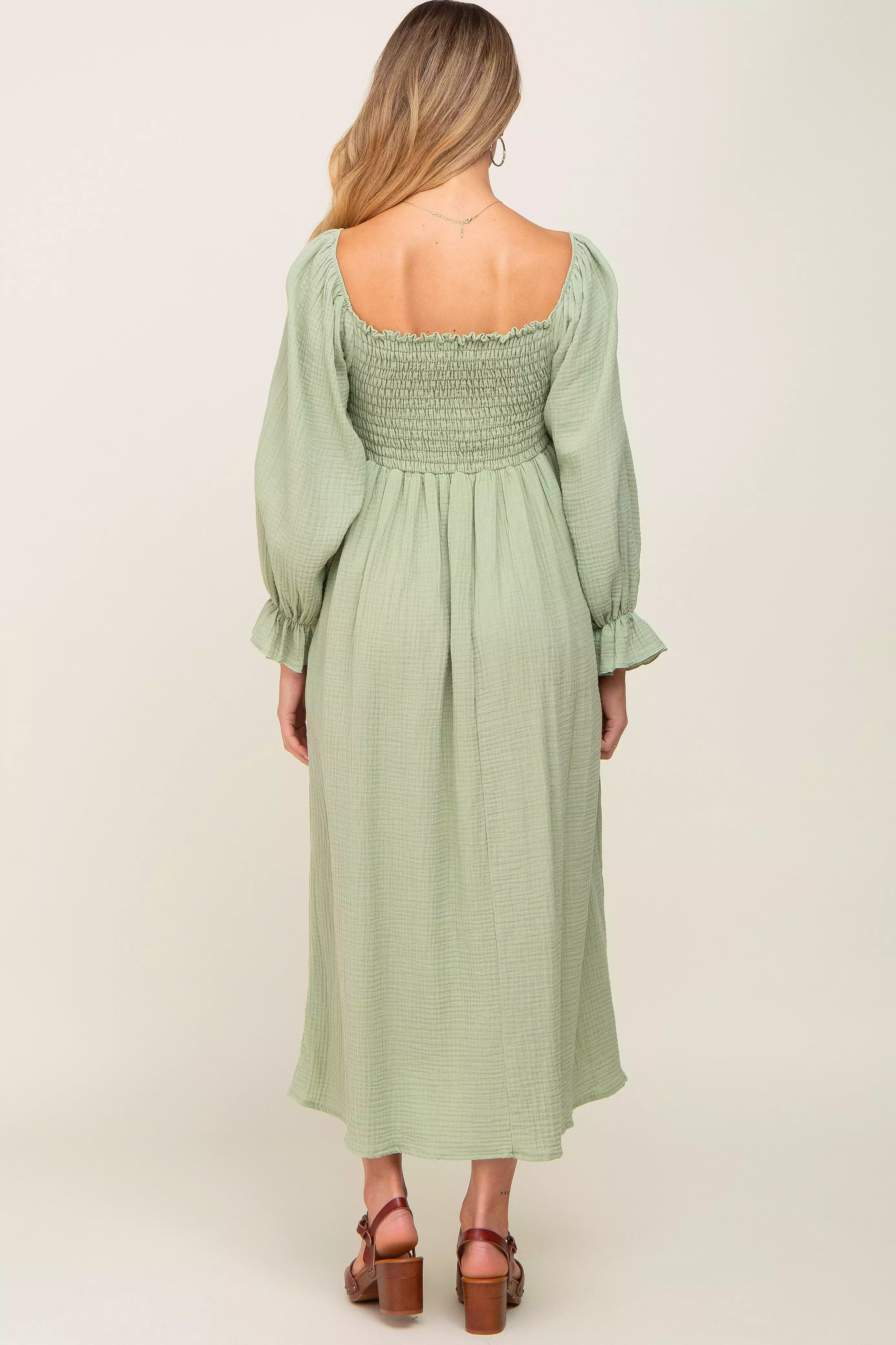 Light Green Gauze Smocked Maternity Midi Dress