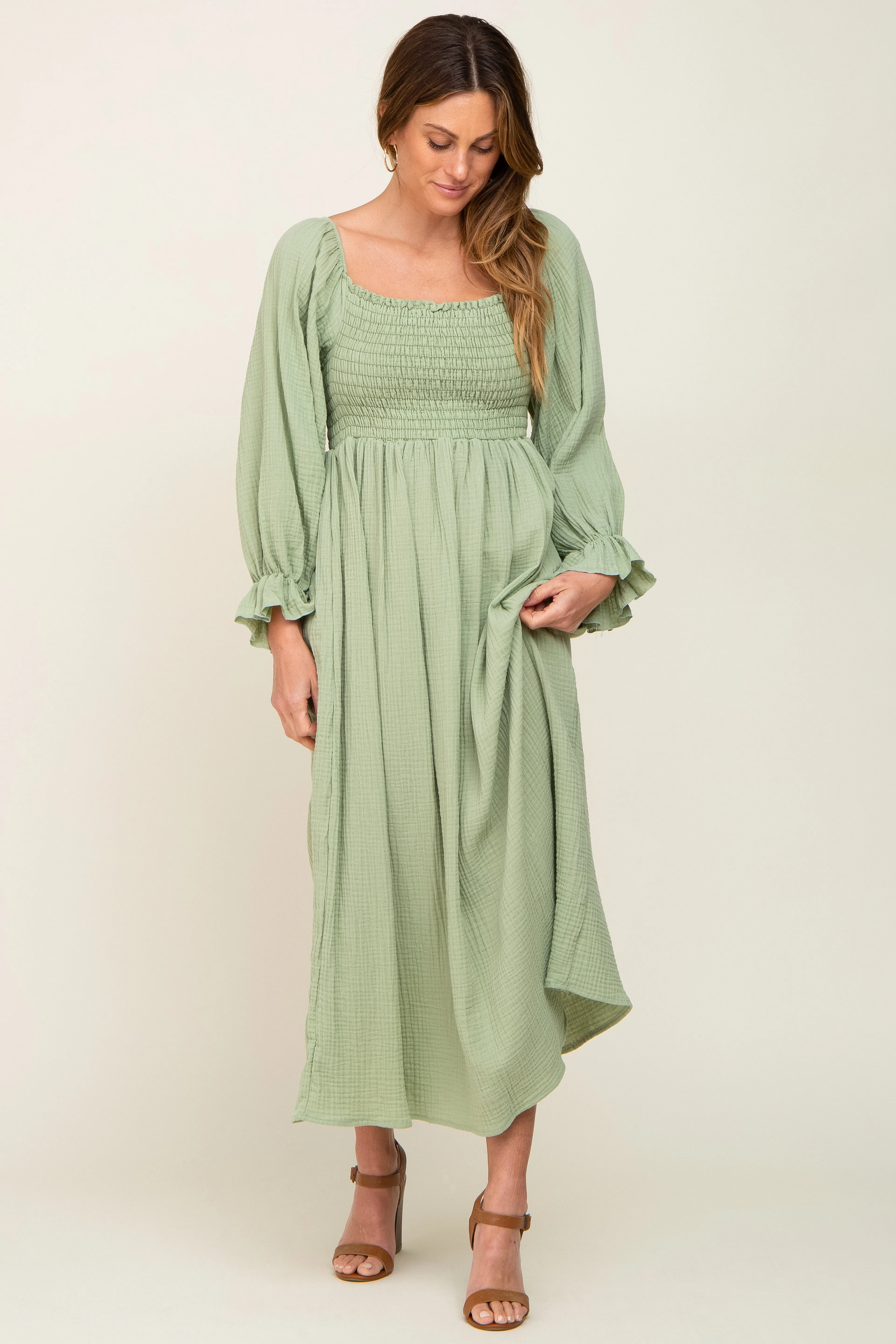 Light Green Gauze Smocked Maternity Midi Dress