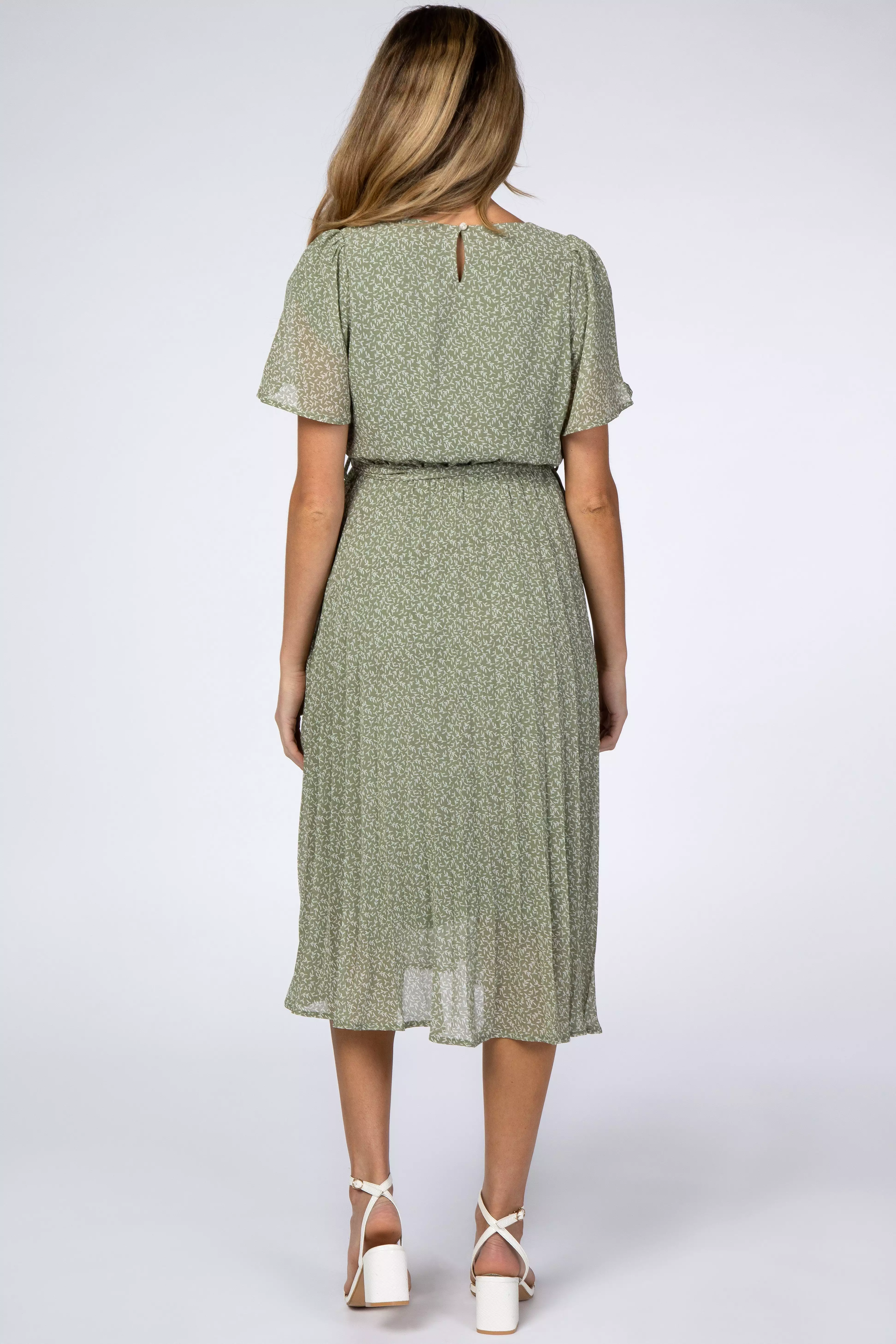 Light Olive Leaf Print Pleated Maternity Midi Dress