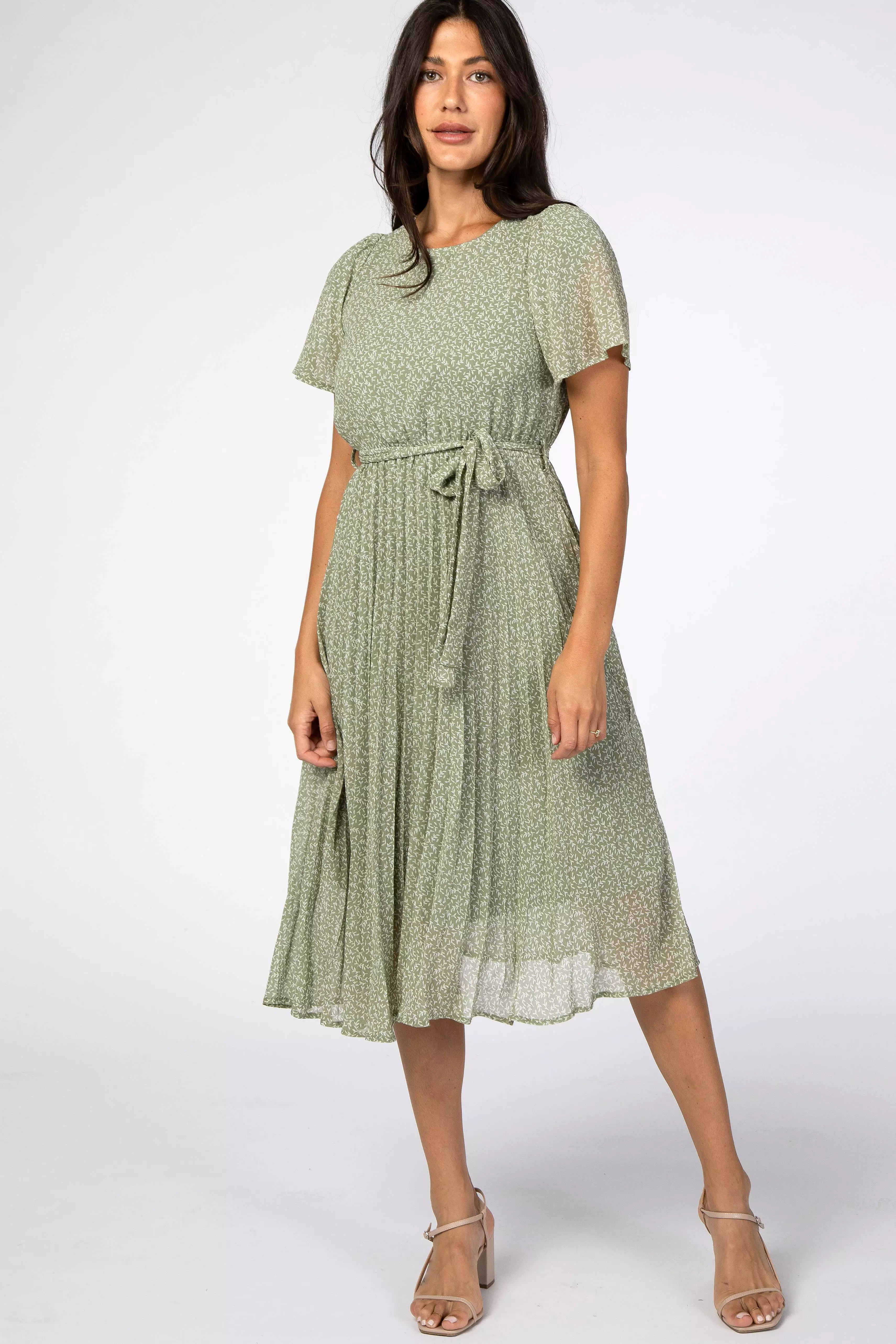 Light Olive Leaf Print Pleated Maternity Midi Dress