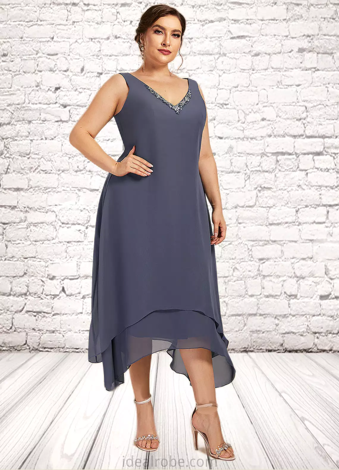 Lily A-line V-Neck Ankle-Length Chiffon Mother of the Bride Dress With Beading STK126P0014655