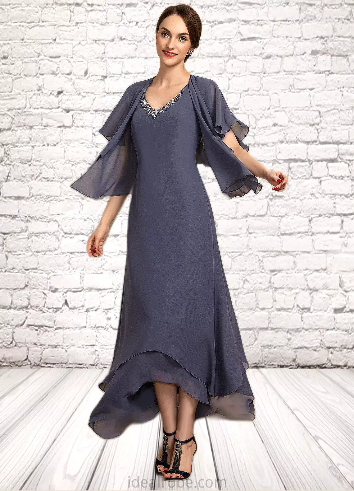 Lily A-line V-Neck Ankle-Length Chiffon Mother of the Bride Dress With Beading STK126P0014655